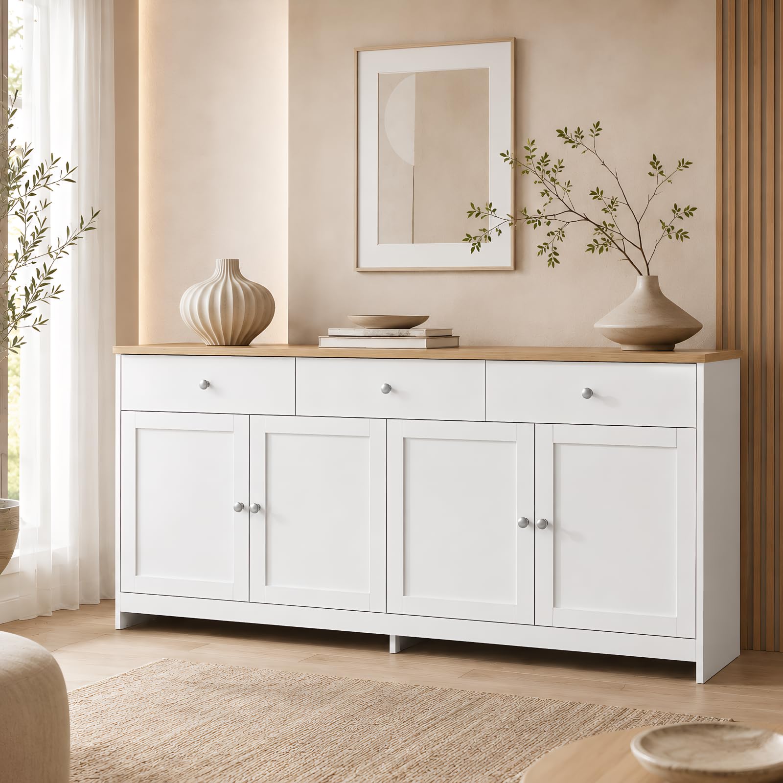 Aparadores para Salon, Aparador Blanco, Aparador Madera, Aparador Comedor, Alacena De Cocina, Armario Buffet con 3 Cajones Y 4 Puertas, Aparadores para Salón Entrada Comedor, 160 x 37 x 75 cm