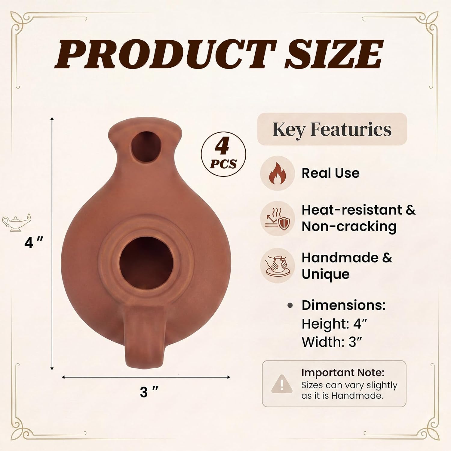Tuanse 4 Pcs Clay Oil Lamp Herodian Olive Oil Lamp with Handle for Indoor Antique Replica for Judaica Terracotta Biblical Lamps Ancient Christian Hanukkah Gift Worship Prayer Religious Artifact
