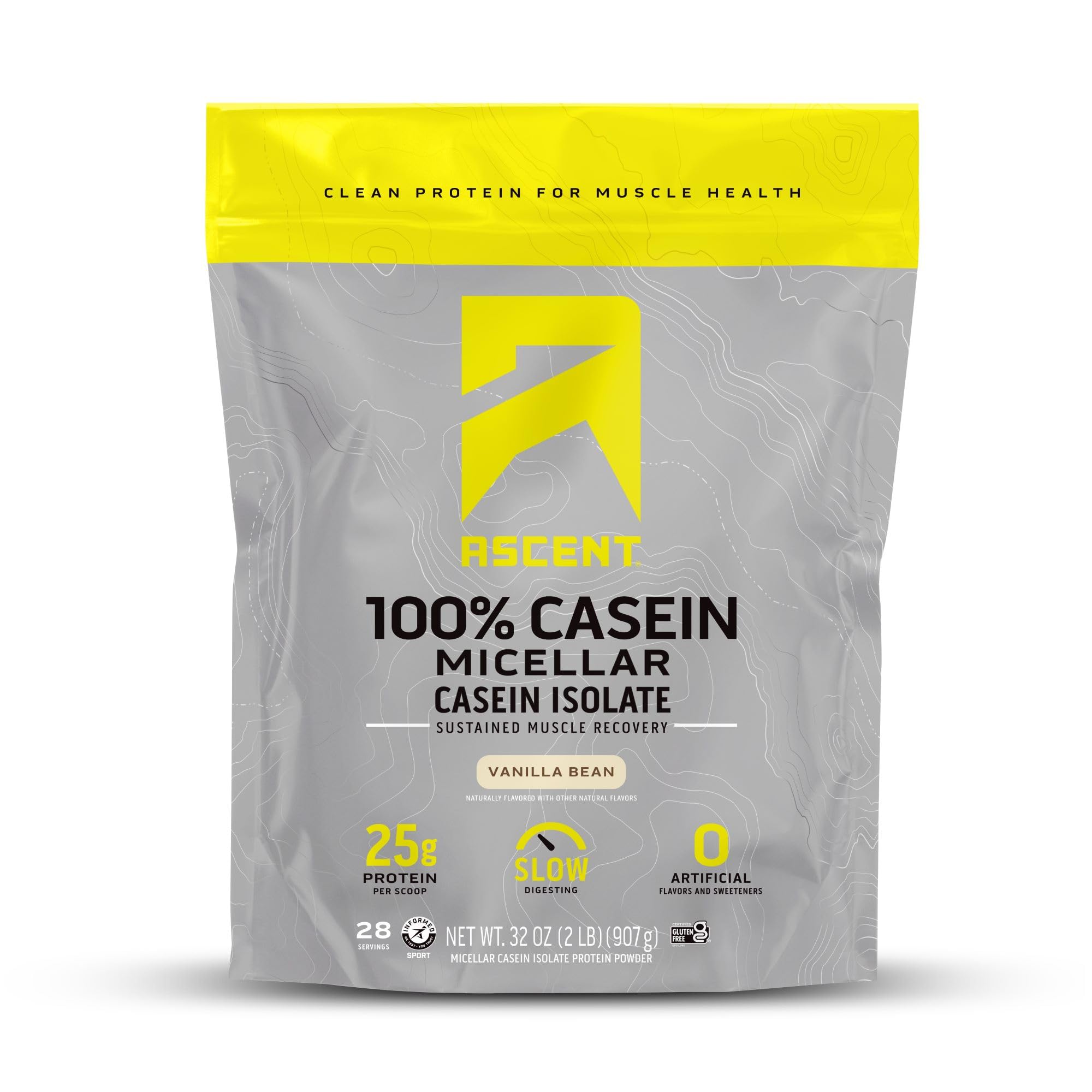 Ascent Casein Protein Powder - 25g Micellar Casein Powder with Zero Artificial Flavors & Sweeteners, Gluten-Free, No Added Sugar, 4.9g BCAA, 2.2g Leucine - Vanilla Bean, 2 Pounds