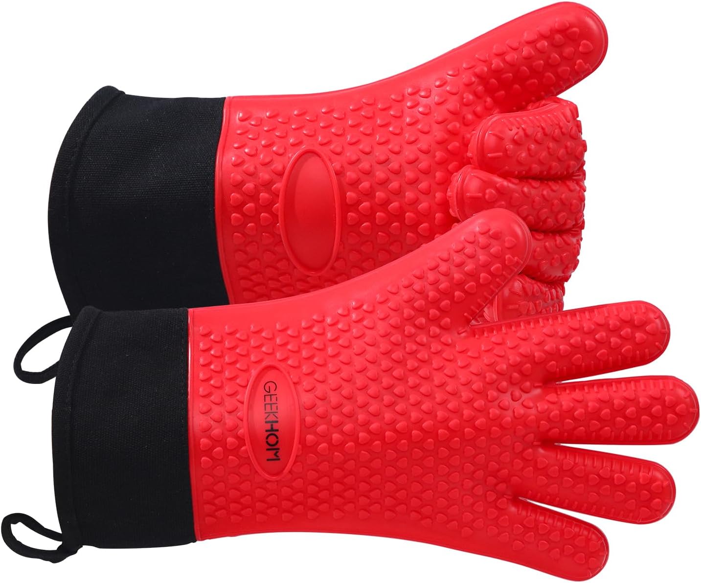 Grilling Gloves, Heat Resistant Gloves BBQ Kitchen Silicone Dutch Oven Mitts, Long Waterproof Non-Slip Potholder for Barbecue, Pizza, Cooking, Baking(Red)