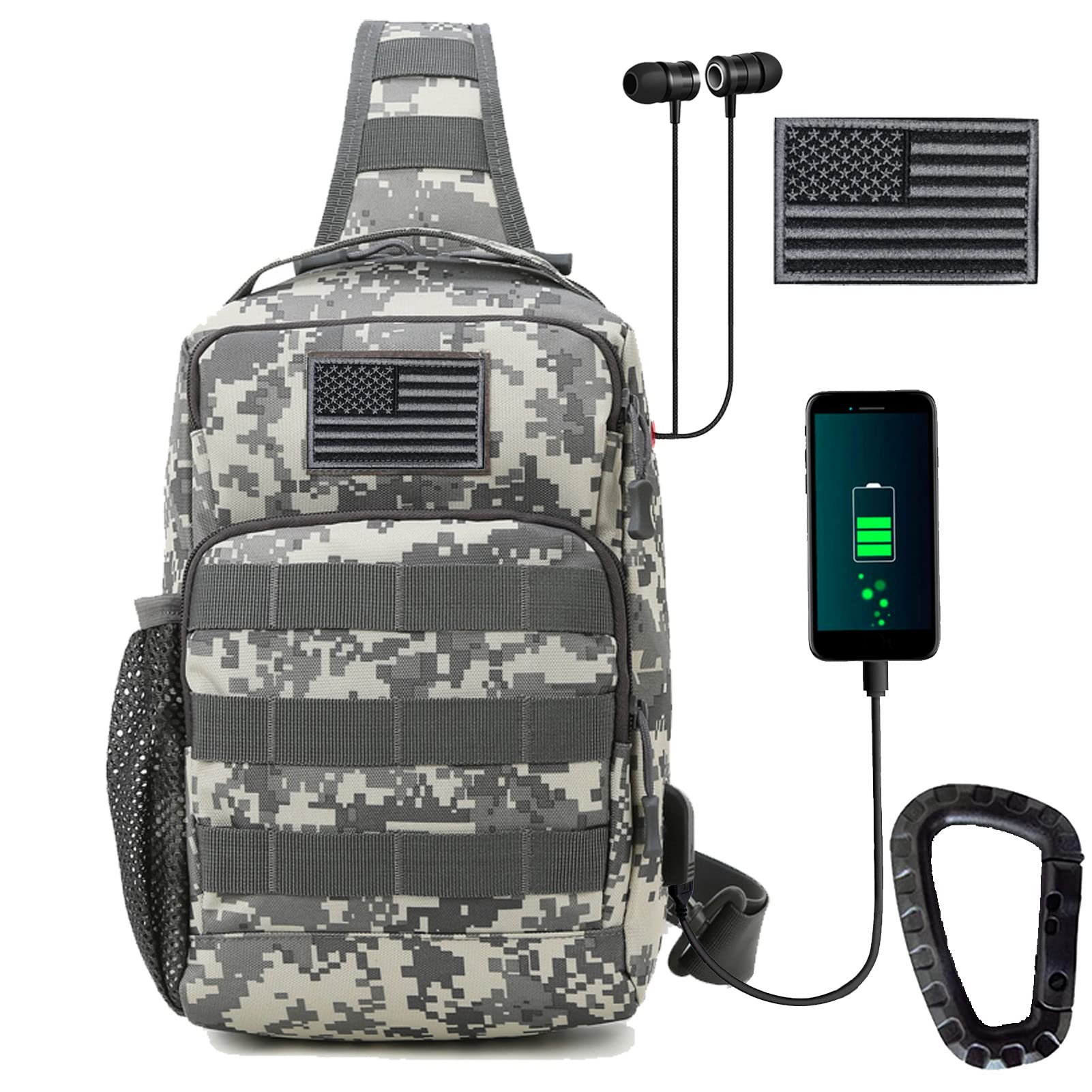 Valinov Tactical Shoulder Bag,Molle Shoulder Backpacks,Military Sling Daypack Backpack with USB Charging port