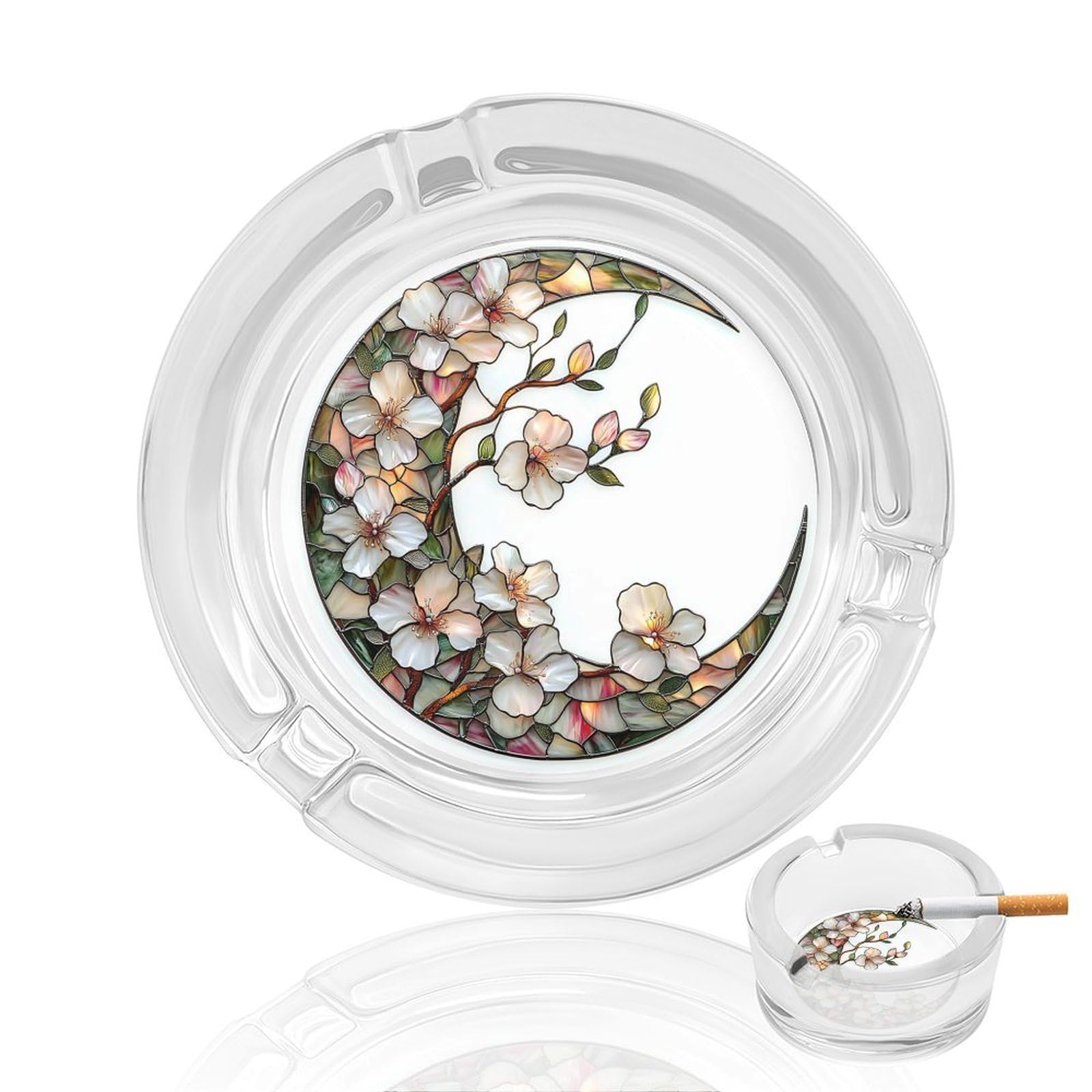 Stained Glass Crescent Moon with Cherry Glass Ashtray for Cigarettes Portable Decorative Ash Trays for Home Office Decor