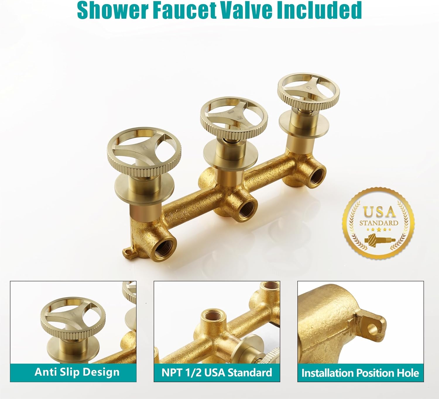 SKOWLL Rainfall Shower Faucet Set 3 Handle Shower Fixtures System Wall Mount 10 Inch Bathroom Shower Head Kit with 2 Function Shower Valve, Brushed Gold