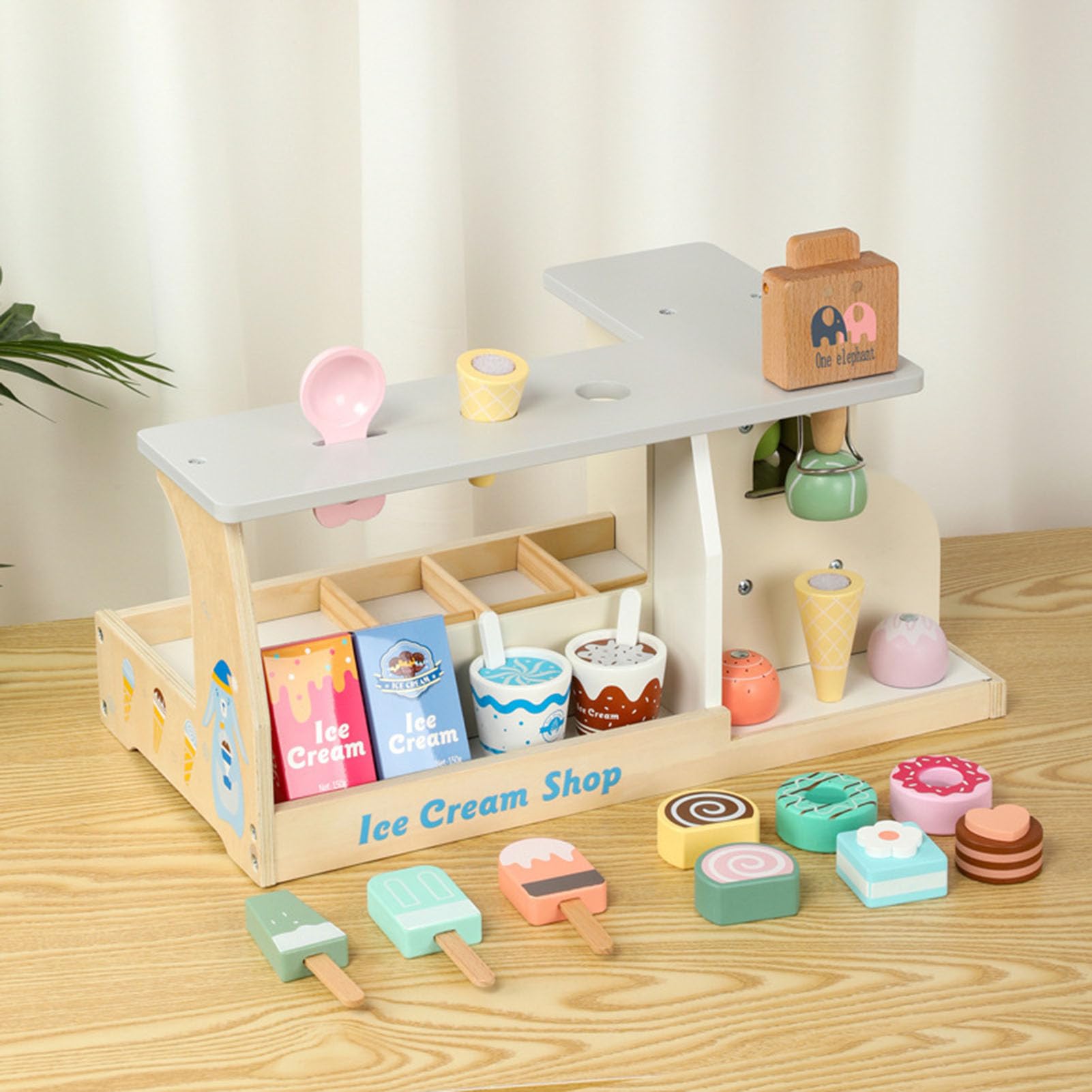 Set da Gioco Finta Gelateria, Giocattolo Simulazione Banco dei Dolci | Set di Cibo Giocattolo in Legno, Bancarella di Gelati Giocattolo, Bancarella per Gioco di Ruolo