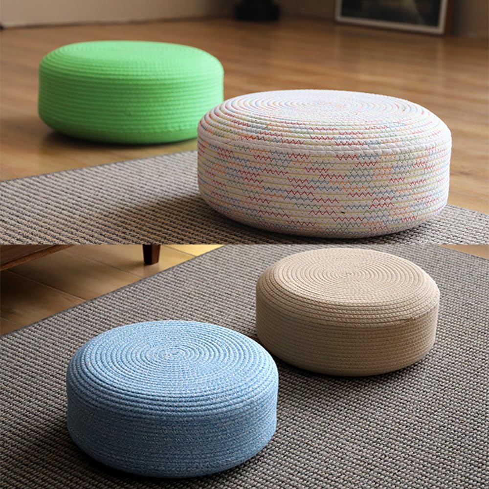 Round Pouf, 15.7Wx15.7 Dx 7.8" H Footstool, Upholstered in Natural Cotton with Hand Cotton Thread Weaving, for The Living Room, Bedroom and Room, Boho,D,40x40x20cm