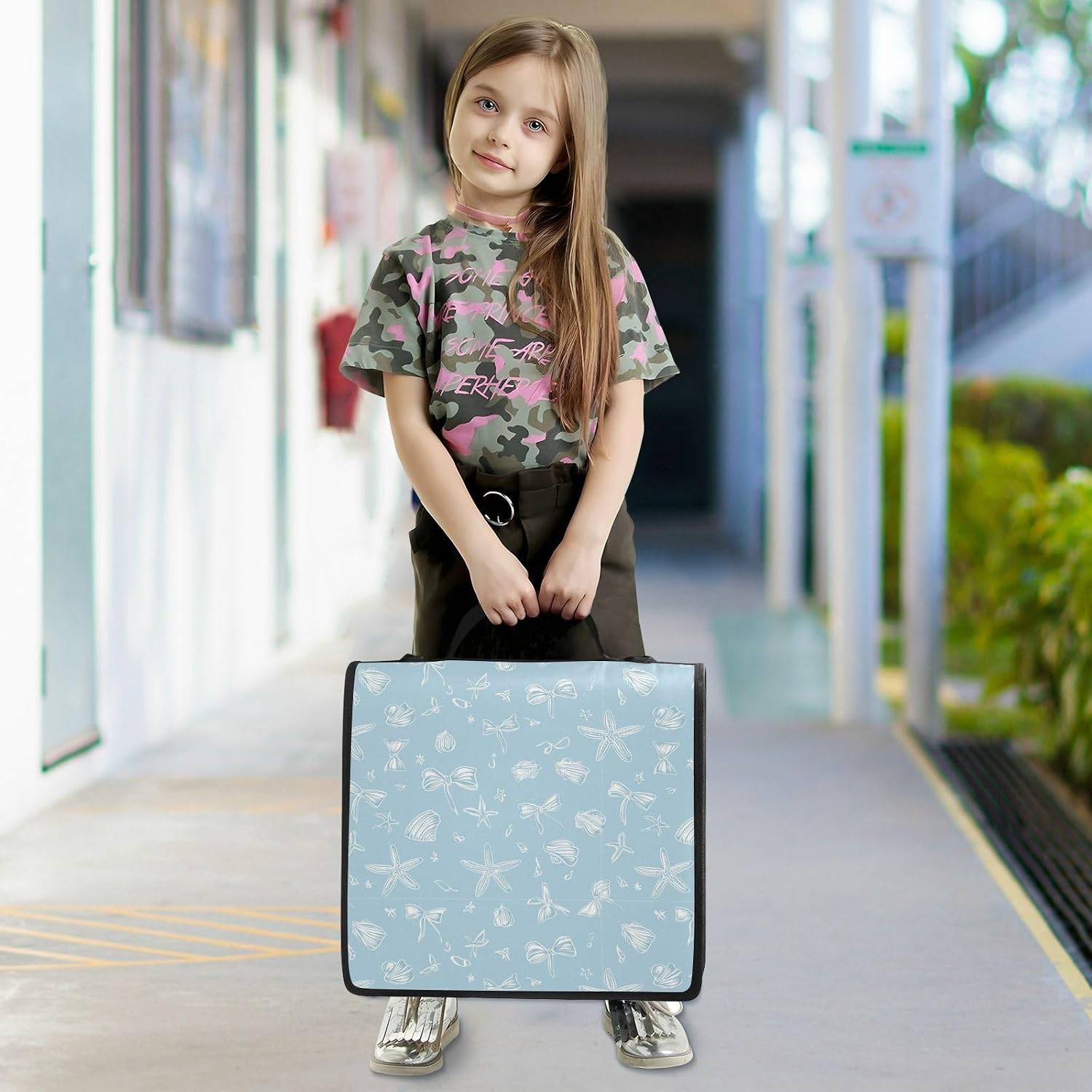 Aslsiy Zipper Binder Bag for Girls Boys Blue Seashells Bows Bubbles (5) 1.5 inch 3-Ring Binder Organizer with Shoulder Strap for School Office Supplies