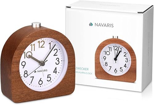 Miniatura 7 de Navaris Reloj despertador analógico de madera, semiredondo, funciona con pilas, sin tictac, con botón de repetición y luz, color marrón oscuro