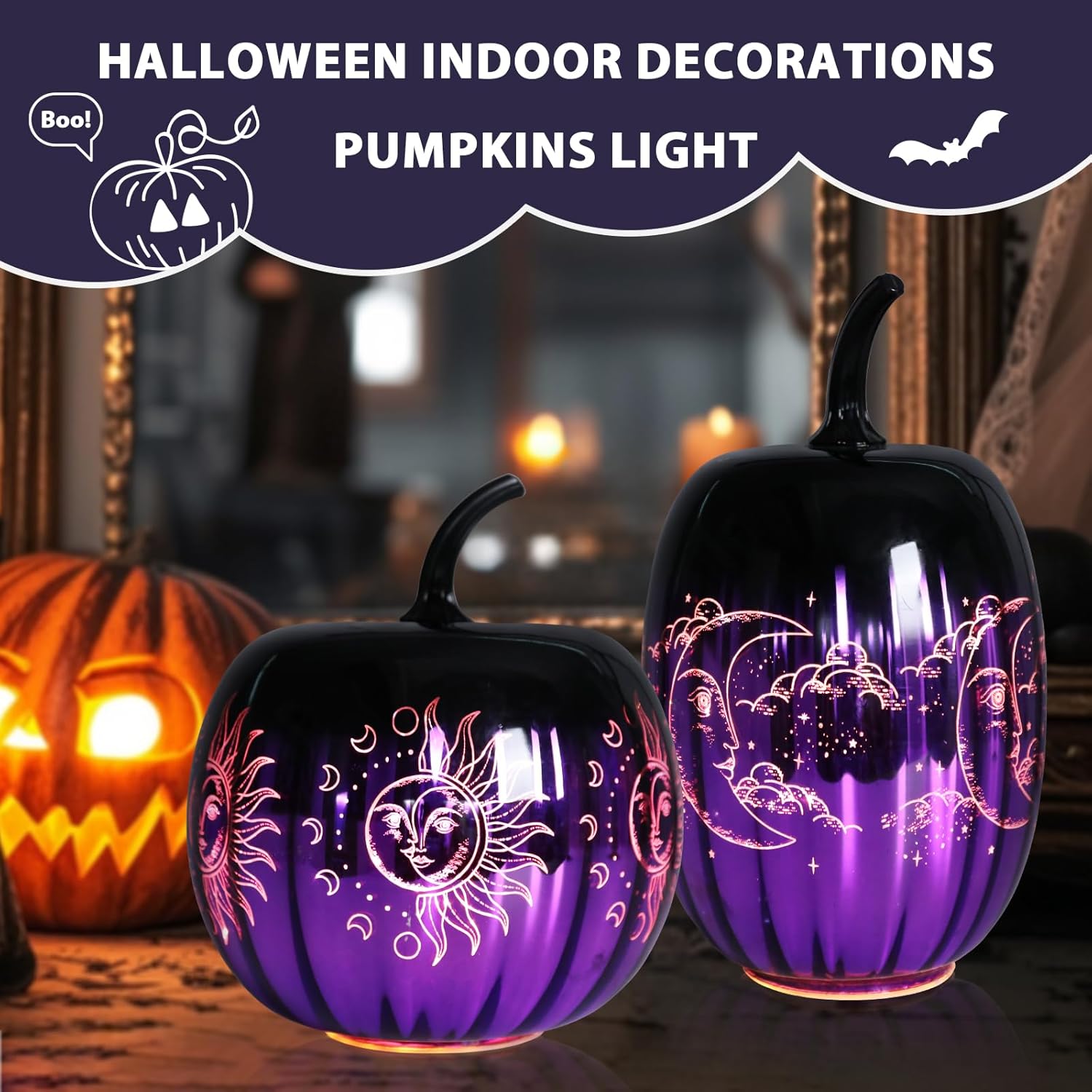 MUMTOP Lighted Halloween Pumpkin Decorations, 2 PCS Glass Pumpkins with Battery Operated LED Light for Halloween Indoor Party Home Tabletop Decorations, Purple