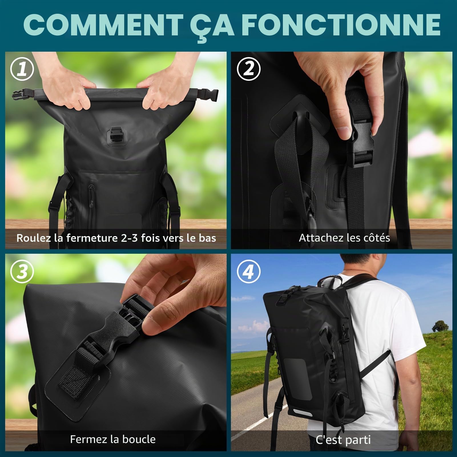 Sac à dos étanche 30-35 l, avec bandoulière rembourrée, fermeture éclair étanche, sac étanche pour sports nautiques, cyclisme, randonnée en plein air