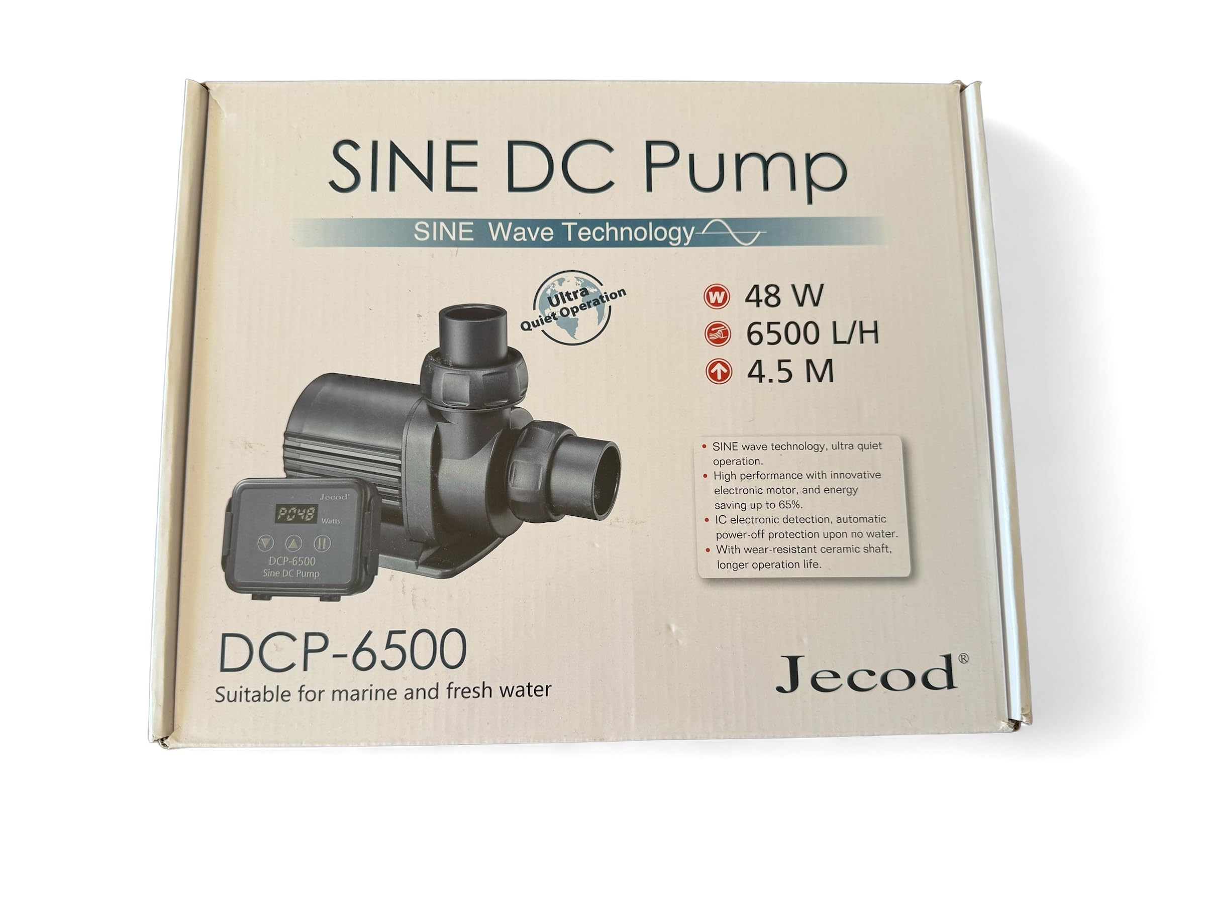 Bomba de circulación Jebao DCP-6500 – 6500 L/h, 24 V 40 W, controlador digital, función Feed, silenciosa para acuario y estanque agua dulce/salada