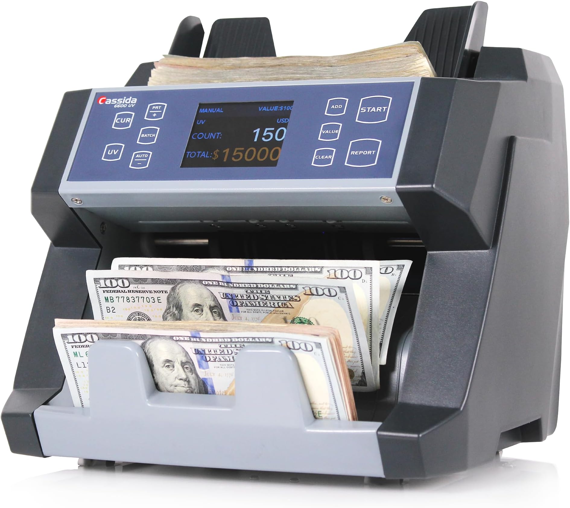 Cassida 6600 UV - US Business Grade Money Counter with UV/IR Counterfeit Detection - Top Loading Invoice Counting Machine with ValuCount™ Add and Batch Mode - Fast Count Speed 1,400 Notes/Minute