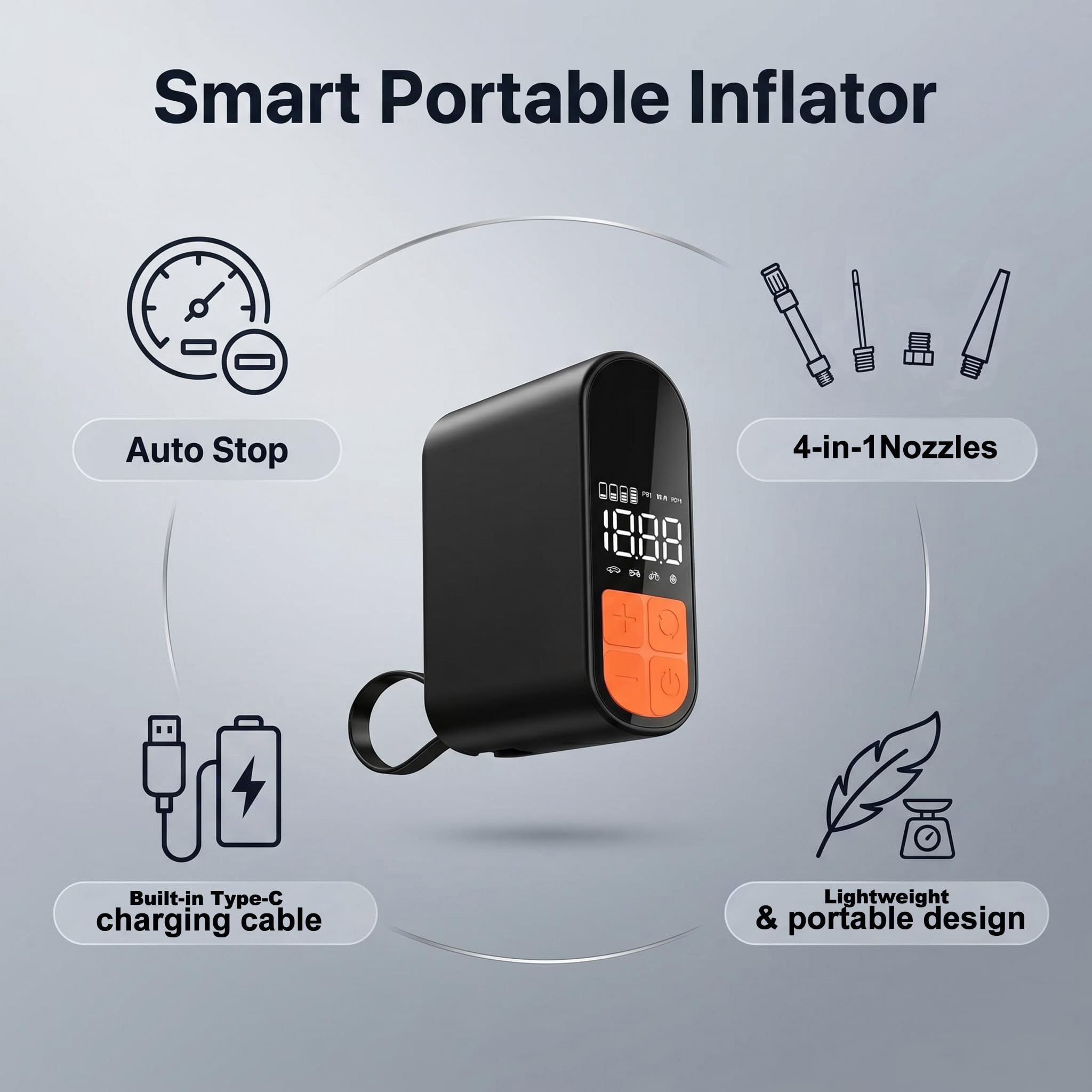 Compressore d'aria portatile per pneumatici auto, con manometro digitale, funzione di spegnimento automatico, pompa senza fili per auto, moto, bicicletta, palla