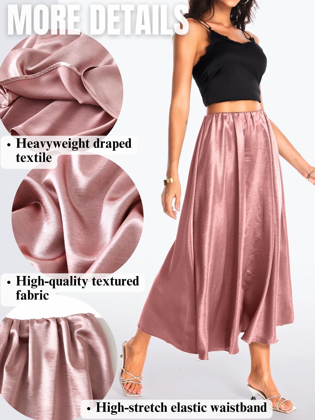 ChiaoLezhee Women's Heavy-Drape Satin Maxi Skirt, Elastic High Waisted A-Line Formal Skirts for Special Occasions