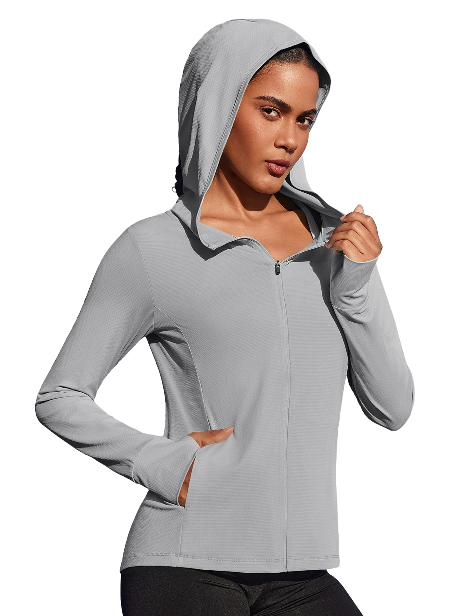 PINSPARK Women's UPF 50+ Sun Protection Hoodie Jacket Lightweight Full Zip Athletic Jacket Long Sleeve Shirt with Pockets