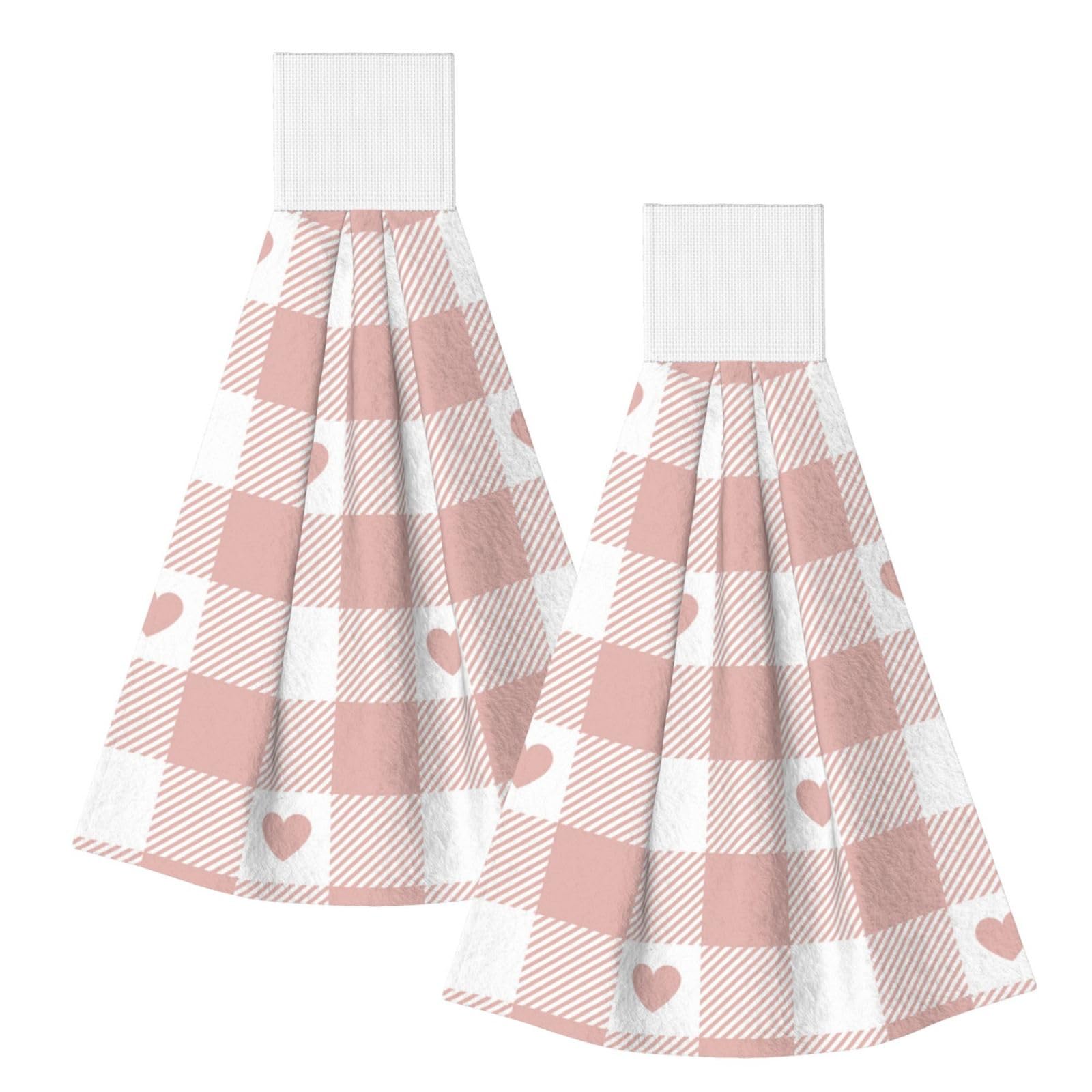 DOPKLNA Cute Heart Pink Buffalo Plaid Pattern, 2 Pcs Hanging Coral Fiber Hand Towels for Bathroom, Absorbent Kitchen Towels