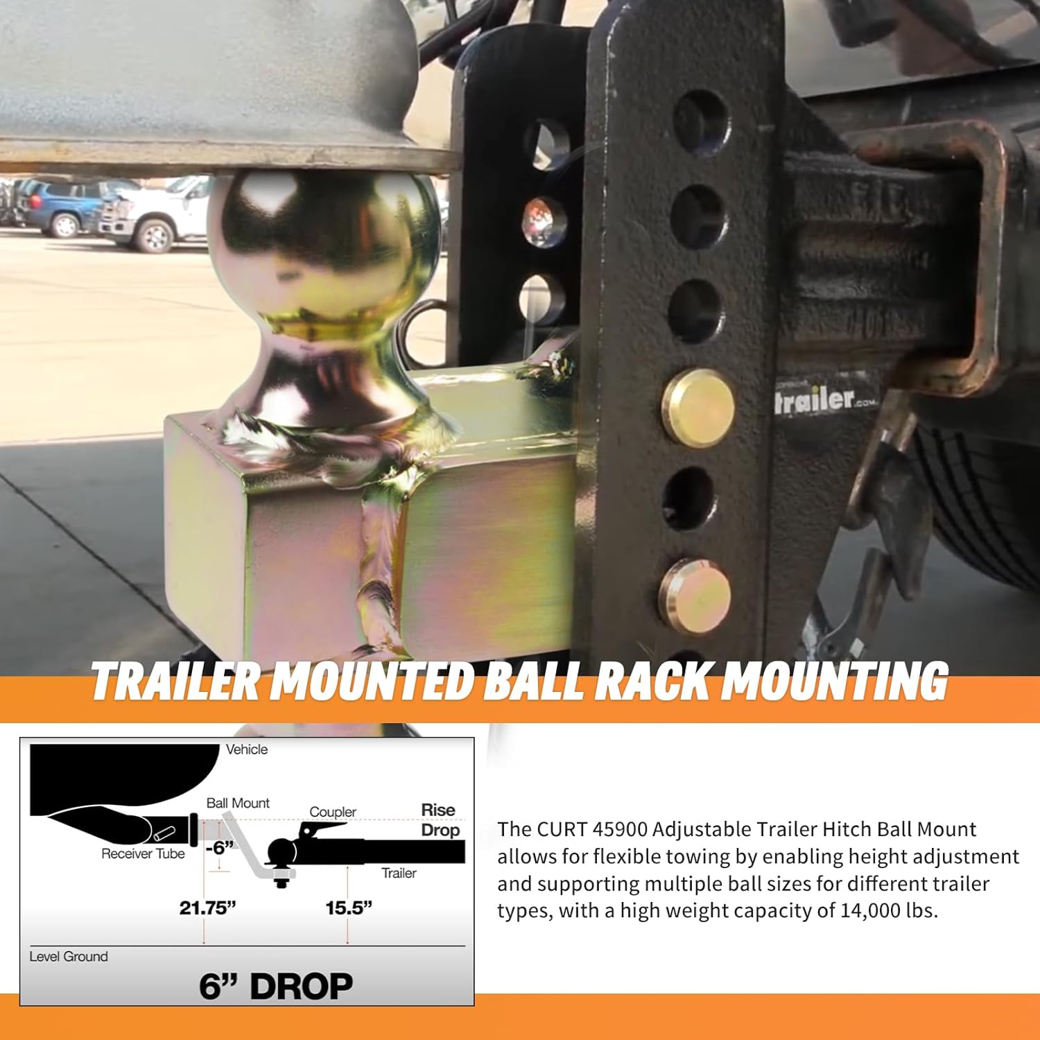 Adjustable Trailer Hitch Ball Mount, Adjustable Drop Hitch Fits 2-Inch Receiver, 6-Inch Drop, 2 and 2-5/16-Inch Balls, 14,000 lbs，45900