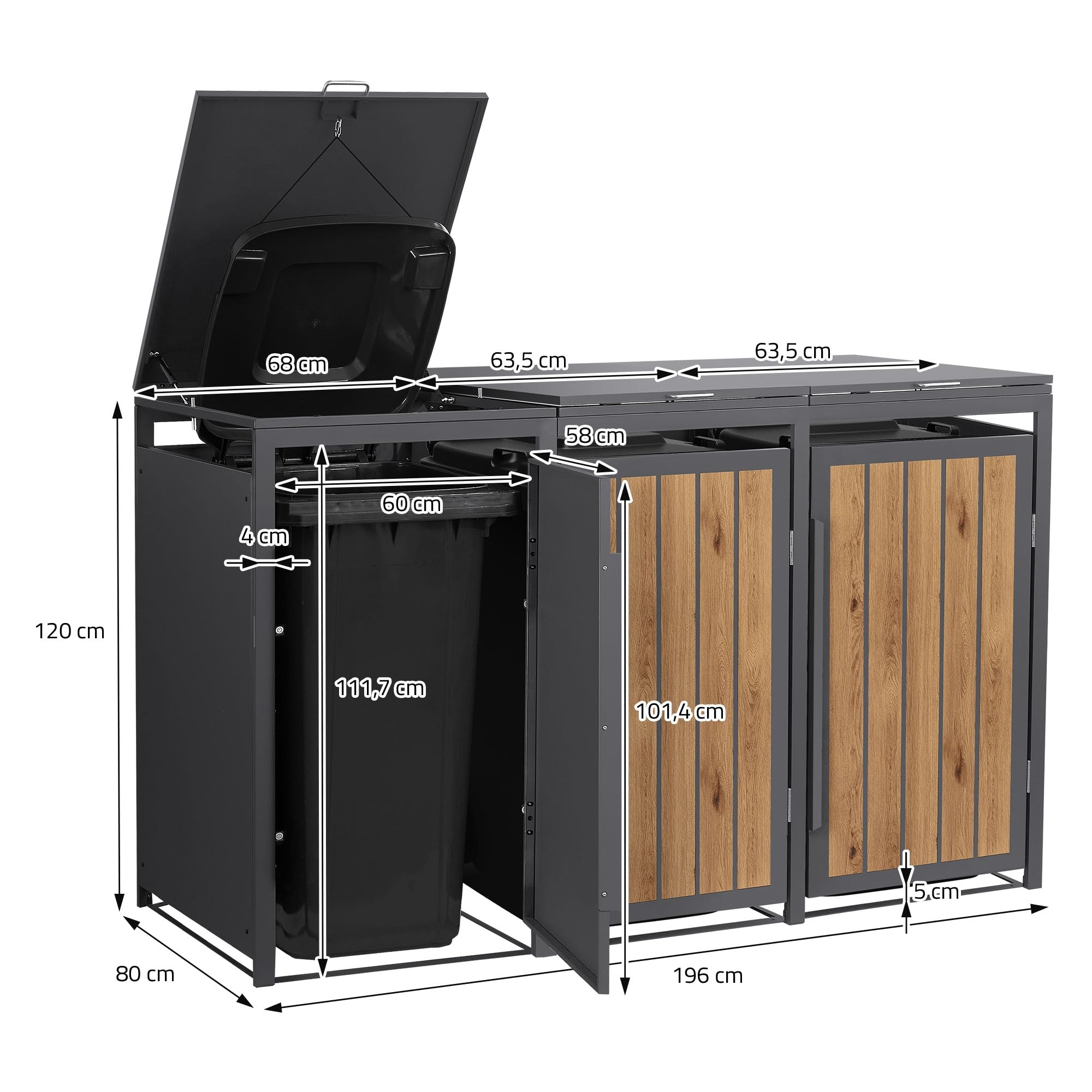 ML-Design Mülltonnenbox 3er 240L, Mülltonnenverkleidung für 3 Mülltonnen, Müllbox wetterfest, Mülltonnenhaus aus Stahl, Müllcontainer mit Klappdeckel & Tür, Gerätebox 196x80x120 cm Anthrazit-Holzoptik