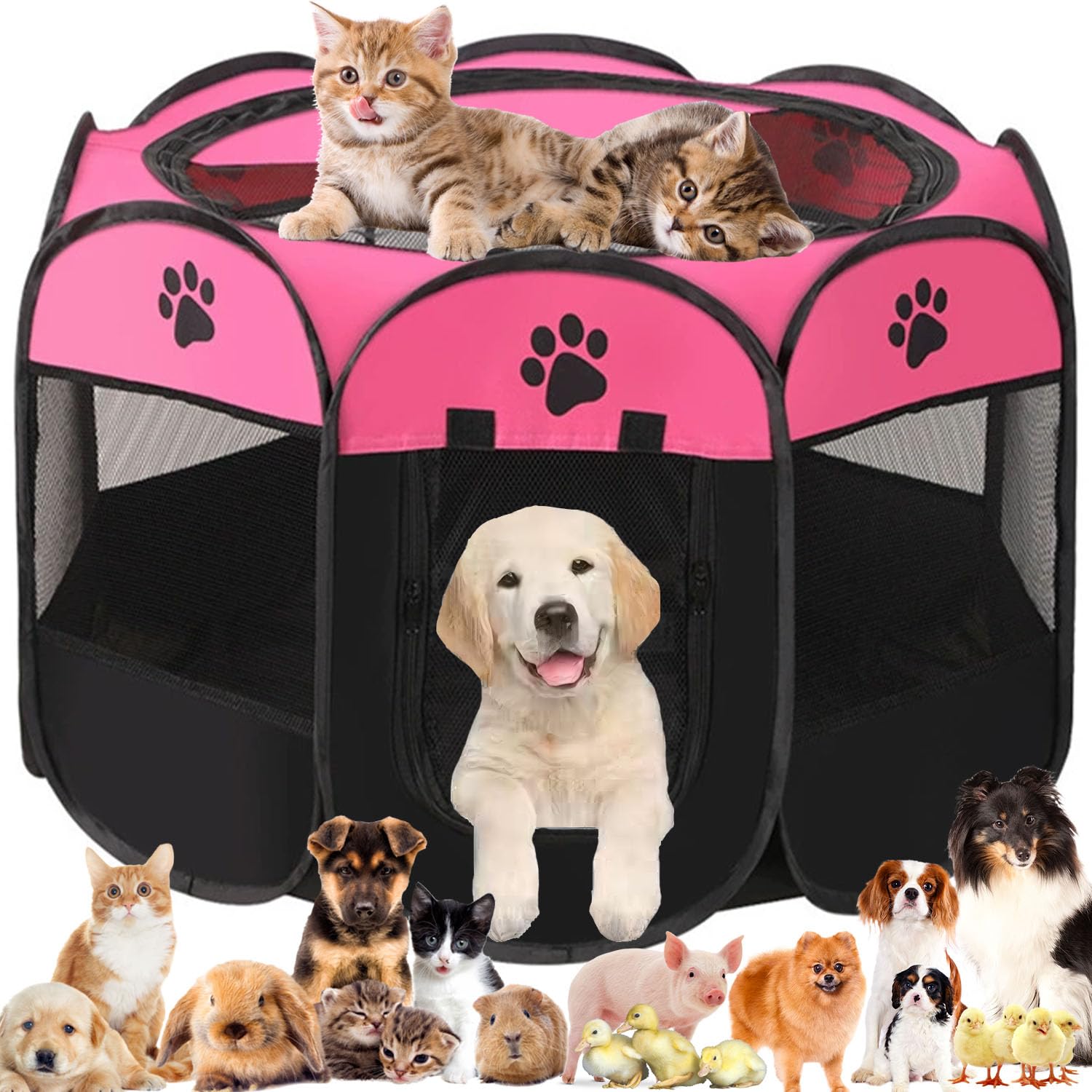 Pet Playpen Portable Dog Pen Foldable Pop Up Cat Play Pen, Oxford Fabric Soft Dog Crate Cage Puppy Pen for Indoors Outdoor Travel, Cat Tent Whelping Box for Kitten Rabbit Hamster Guinea Pig (Pink M)