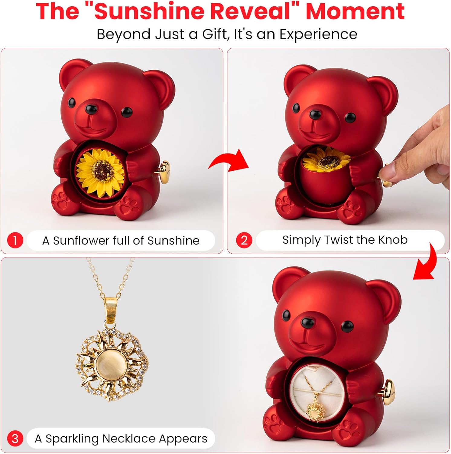 Birthday Gifts for Women, Lucky Sunflower Bear with Necklace, Anniversary Christmas Wedding Gift for Her - Wife Girlfriend Sister Mom Daughter Grandma, Surprise Hidden Jewelry Box, Red - Image 2
