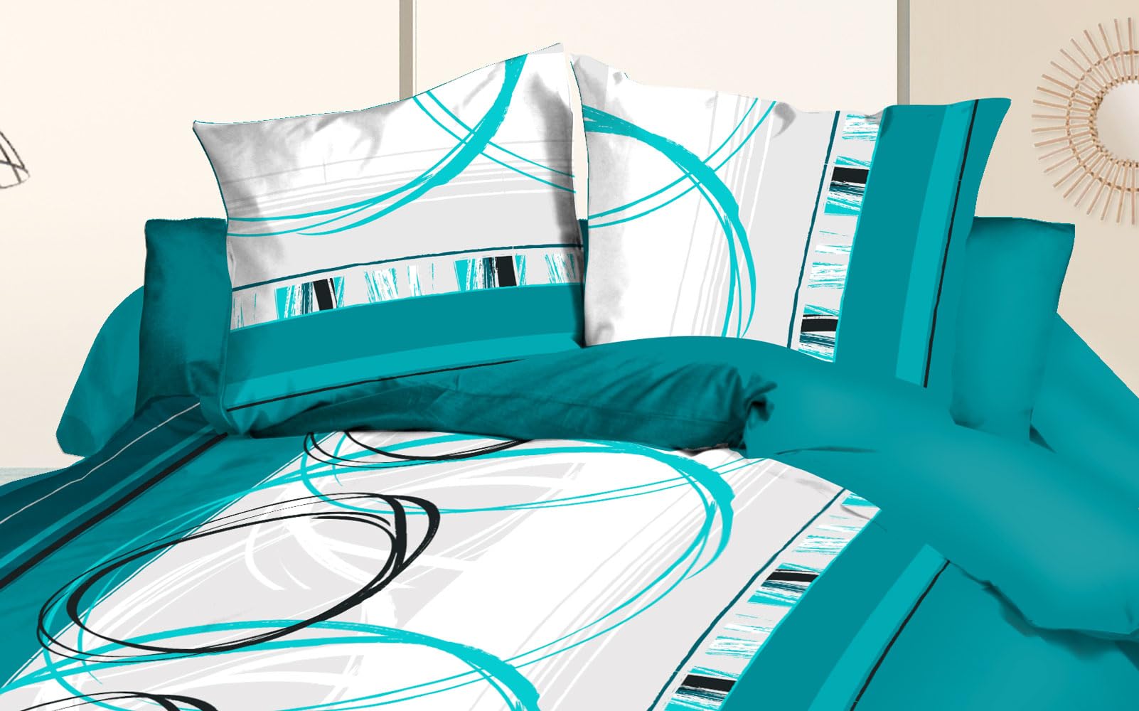 Le linge de Jules Duvet Cover 240 x 260 cm + 2 Pillowcases - Soft and Durable Microfibre - Easy Care - Turquoise - Image 4