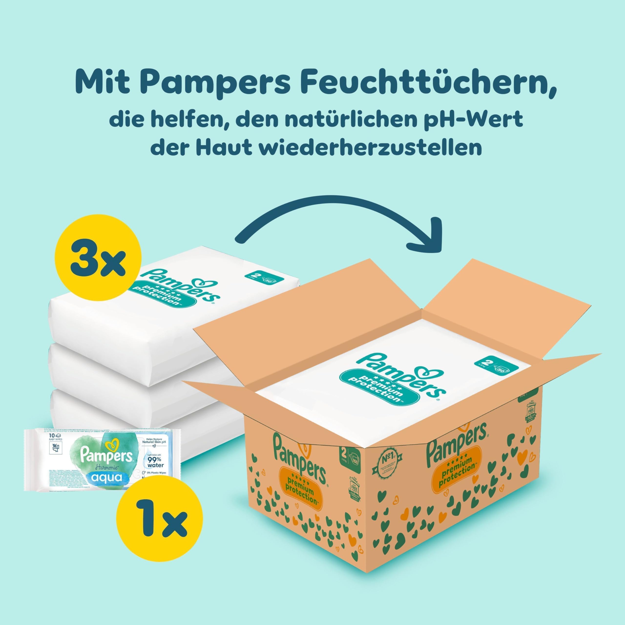 Pampers Premium Protection Größe 2 Windeln 4kg-8kg Doppelter Schutz +10 Stück Feuchttücher