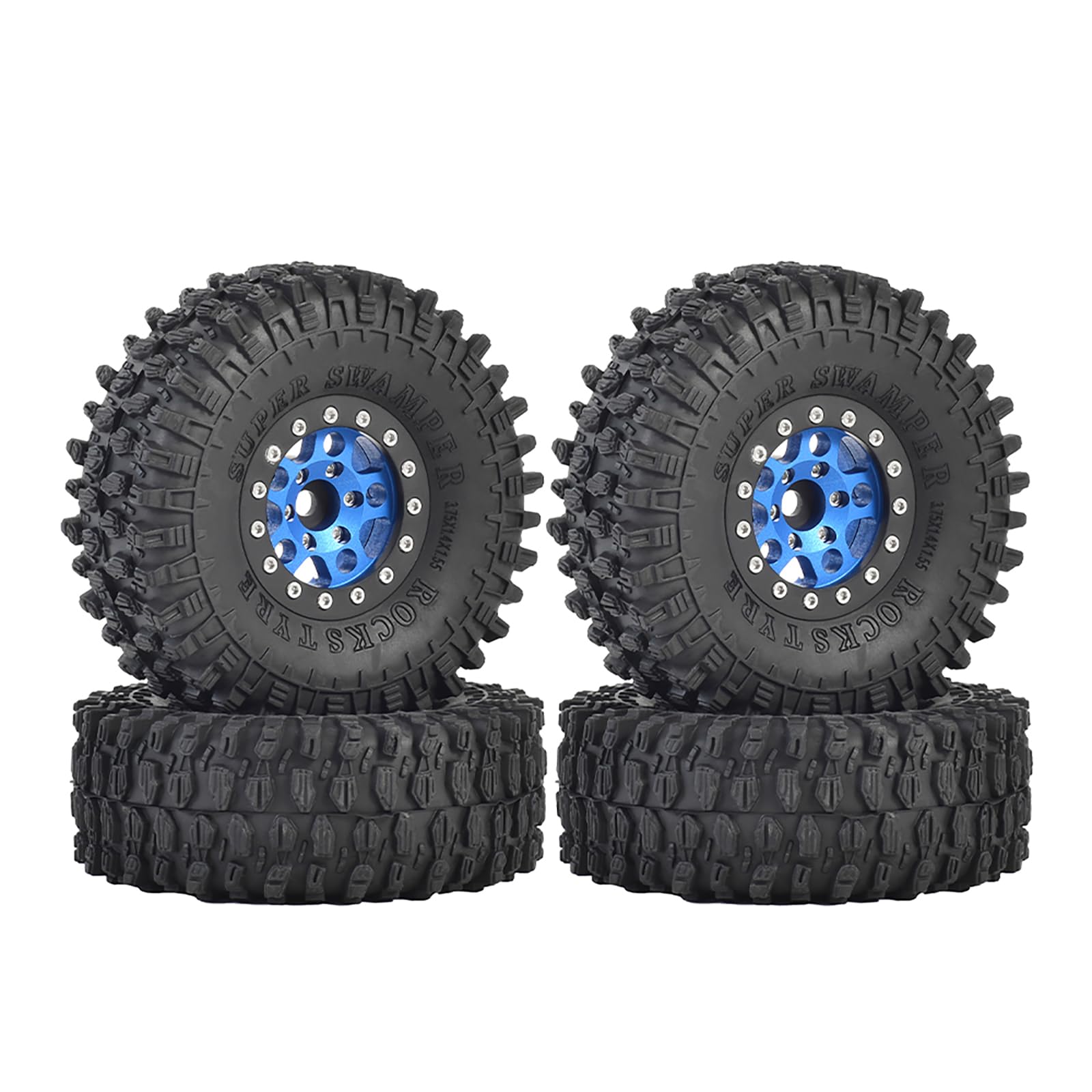 KINGCOO 4PCS 1.55Inch Aluminum Alloy Metal 5Spoke Beadlock Wheel Rims and Rubber Tires Set for 1/10 RC Rock Crawler Car for Axial AX90069 UTB18 D90 TF2 Tamiya Upgrade Parts (Blue, 95MM-A)