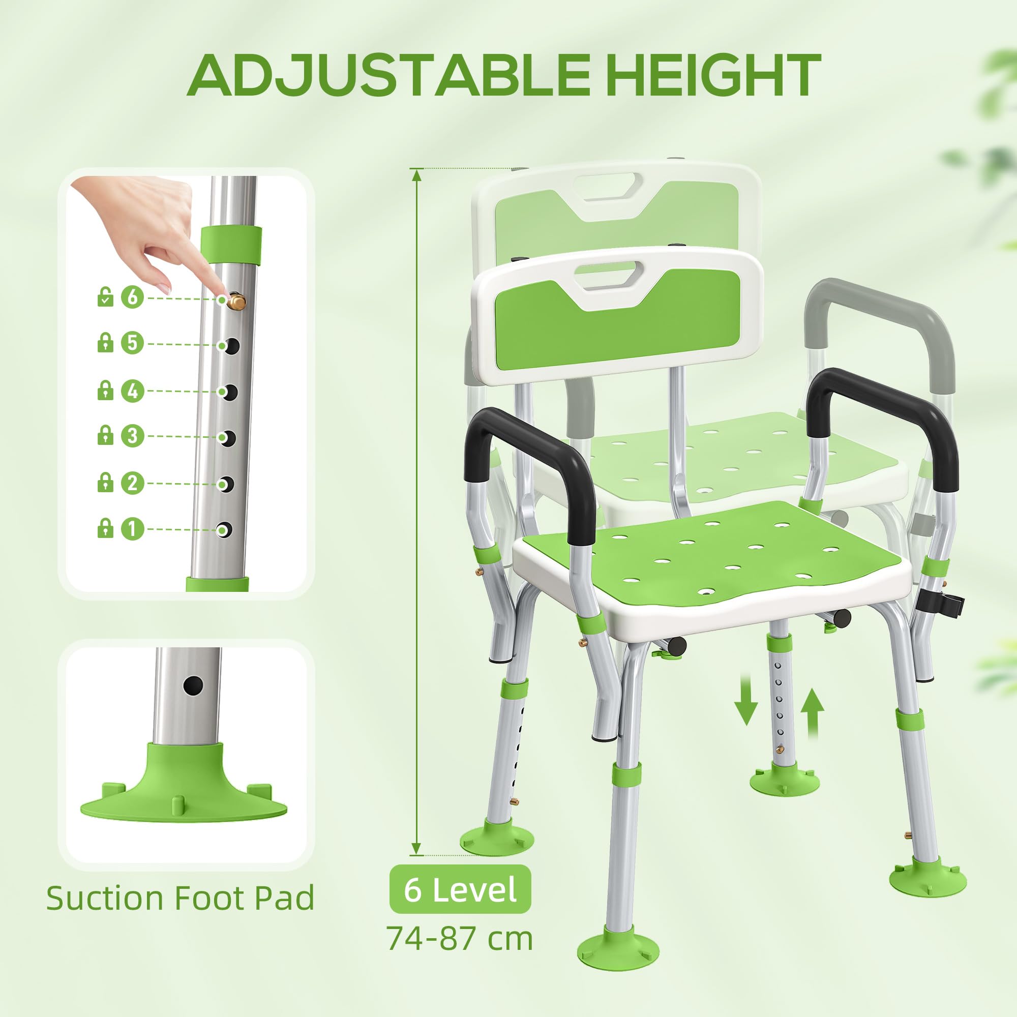 HOMCOM Silla ducha acolchada EVA para ancianos y discapacitados verde | Taburete de ducha ajustable en altura con respaldo y brazos, 4 patas de ventosa