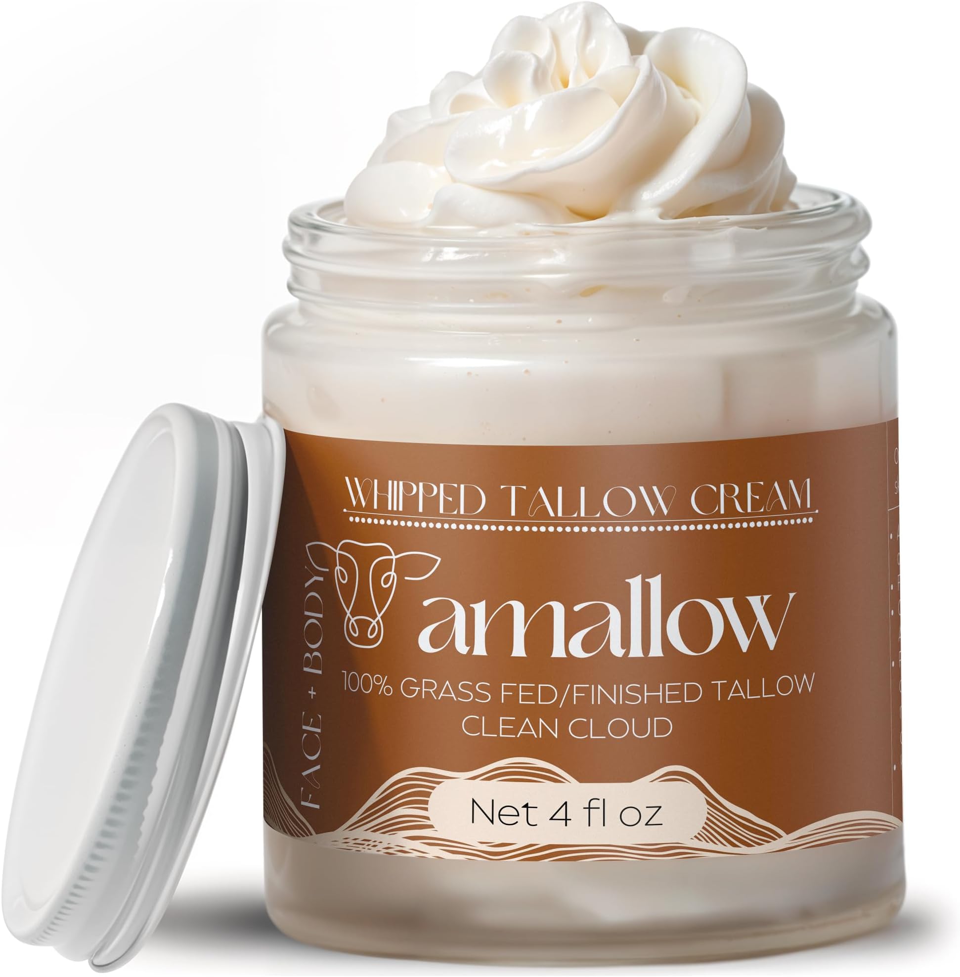 Amallow 100% Grass Fed Beef Tallow for Skin Care - Face + Body - Whipped Moisturizer - Natural Lotion, 4 FL. oz. (Clean Cloud)