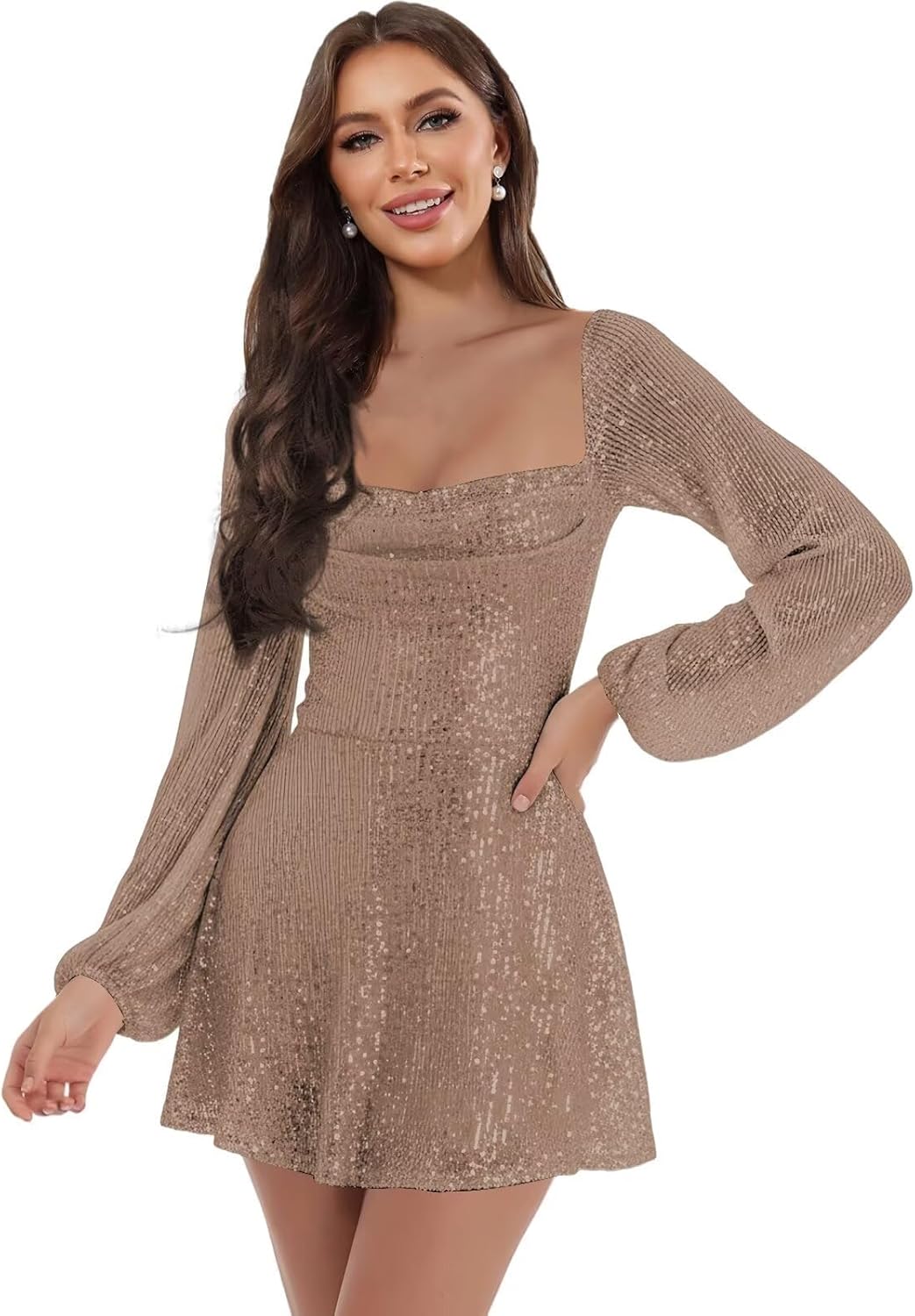 Short Sparkly Homecoming Dress for Teens Long Sleeve Sequin Cocktail Party Gown 2026 Women's Square Neck Prom Dress
