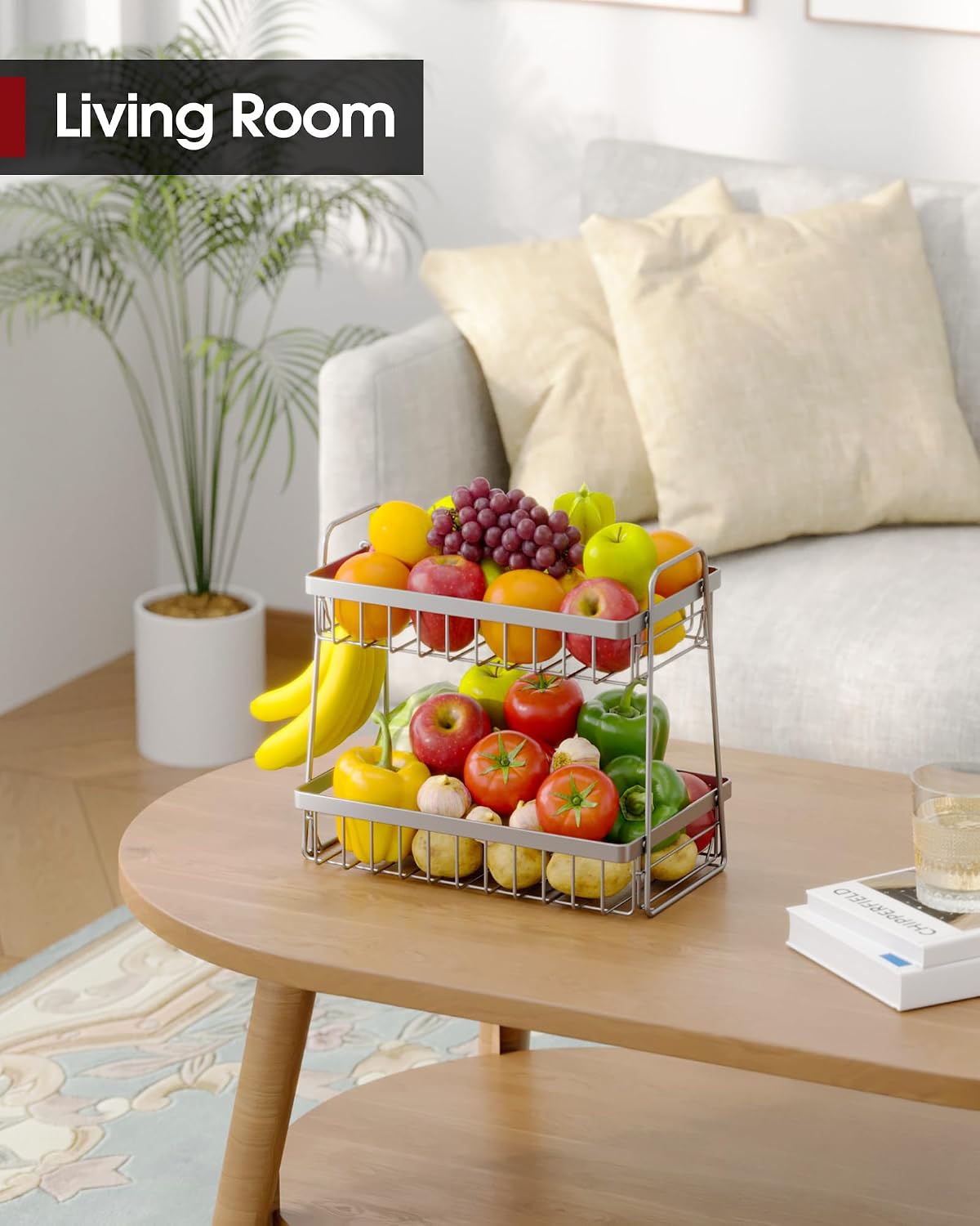 Sakugi Fruit Basket for Kitchen Counter - 2-Tier Fruit Bowl with Removable Banana Hanger & Handles, Rustproof Fruit Holder for Kitchen, Living Room, Bathroom, 13.4"×8.7"×11.7", Silver image 2