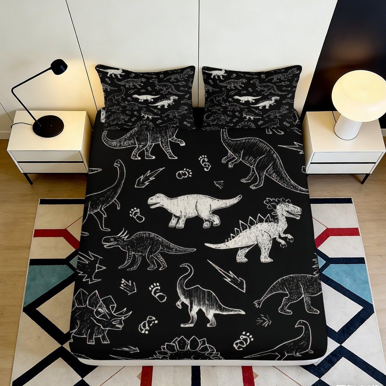 3D Printed Dinosaur Skeleton Fitted Sheet Microfiber Soft Black Jurassic Bed Cover for Bedroom Dorm Mattress Protection Decor 90x200x25cm