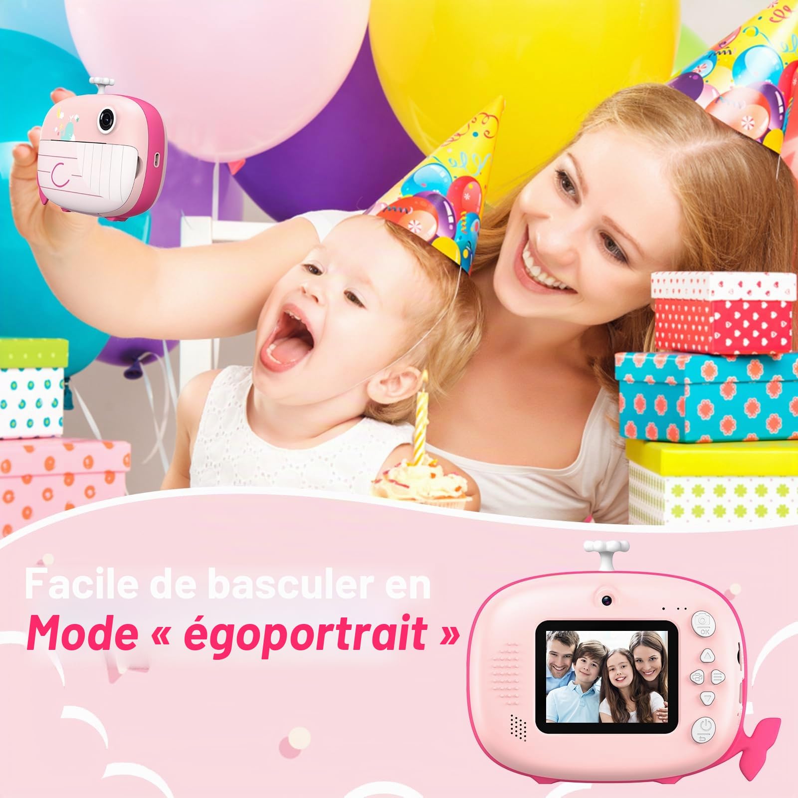 Ushining Appareil Photo à Impression Instantanée pour Enfants, 1080P Appareil Photo Numérique Enfant avec Écran de 2,4 Pouces Papier d'impression Carte TF 32 Go, Cadeau pour Filles Garçons 3-14 Ans