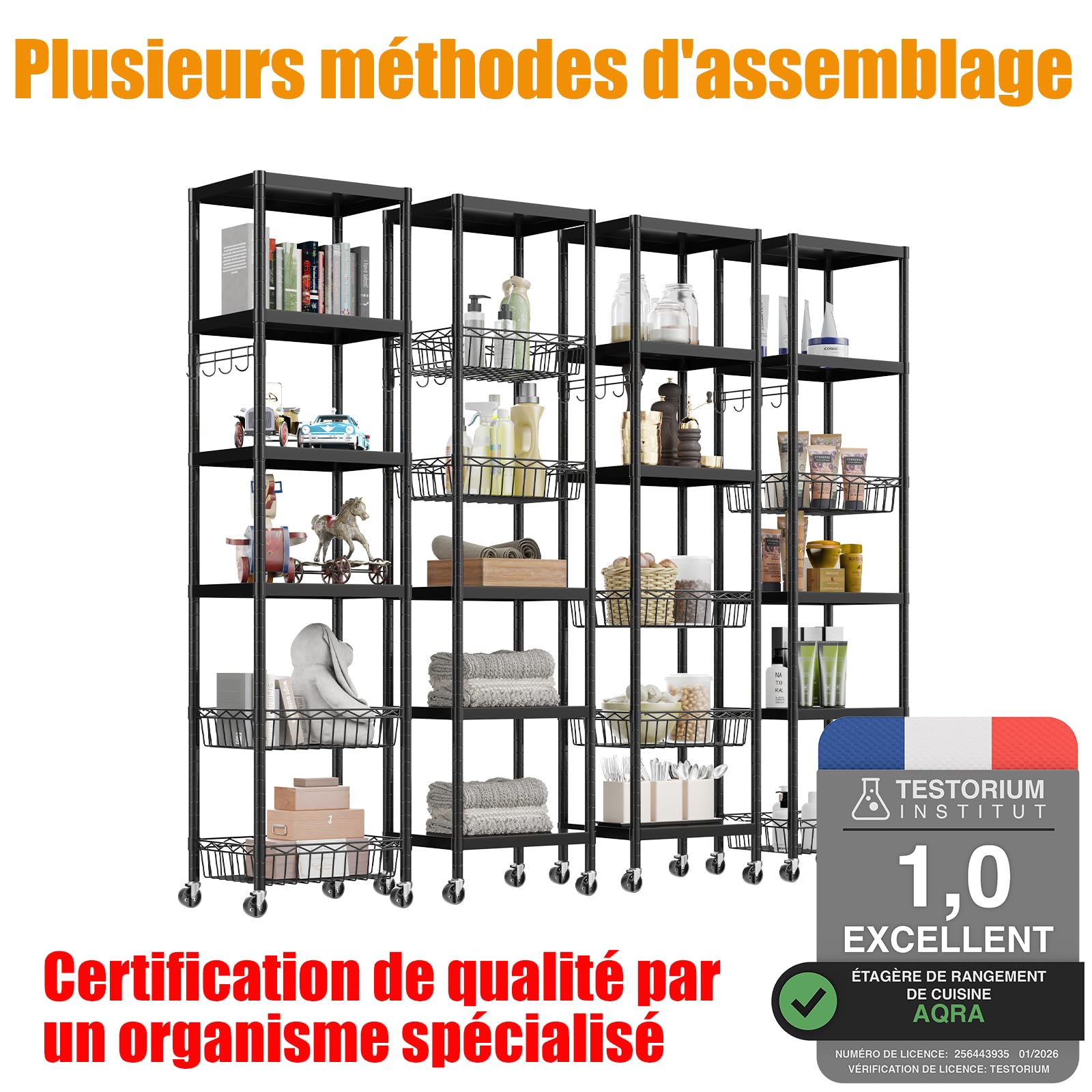 AQRA Etagère Métallique à Tablettes Ajustables pour Cuisine & Garage | 6 Tablettes, dim.30,5×40×157cm, Charge >180kg, Usage Cuisine, Bureau, Garage