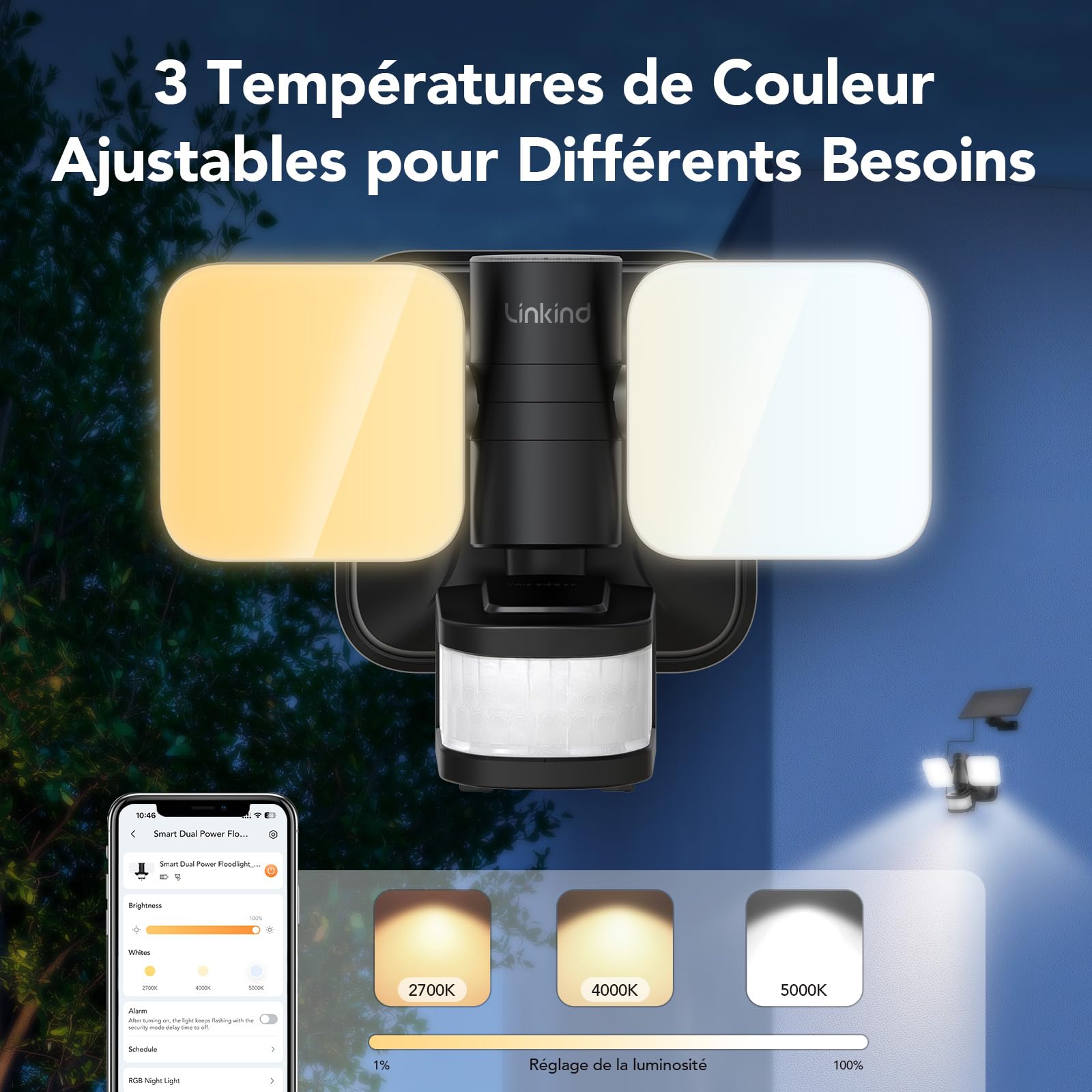 Linkind Projecteur Led Extérieur Connectée à Double Alimentation, Lampe 25W/3000LM Alimenté par Solaire & CA, Applique Extérieure IP65 avec Détecteur de Mouvement, Minuterie & Veilleuse RGB