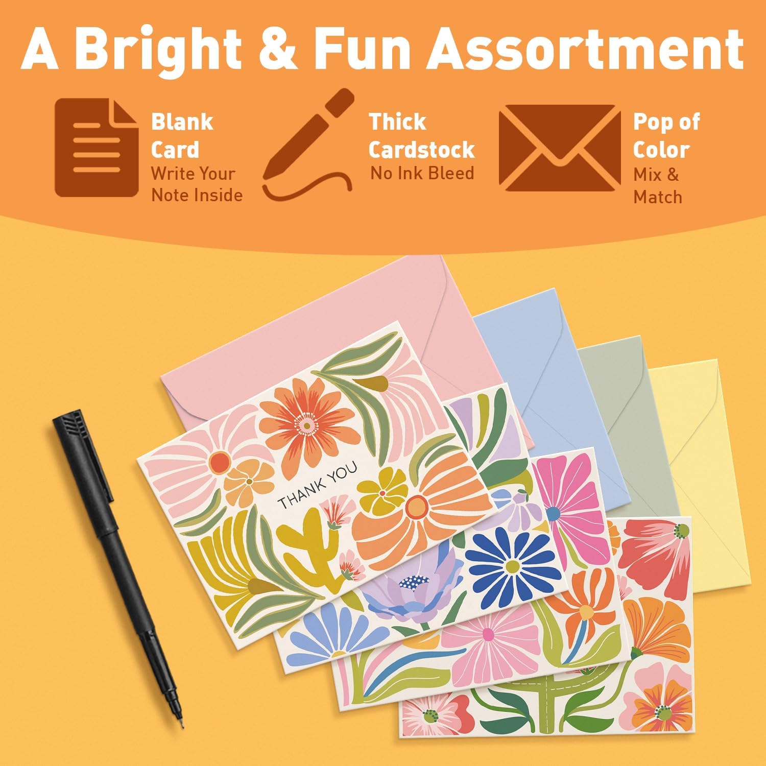 S&O Thank You Cards with Envelopes - Blank Stylish papers for Handwritten Messages -Set of 24 decor sheets and Envelopes - Assorted cute Cards with Stylish Color covers to Mix & Match - Image 3