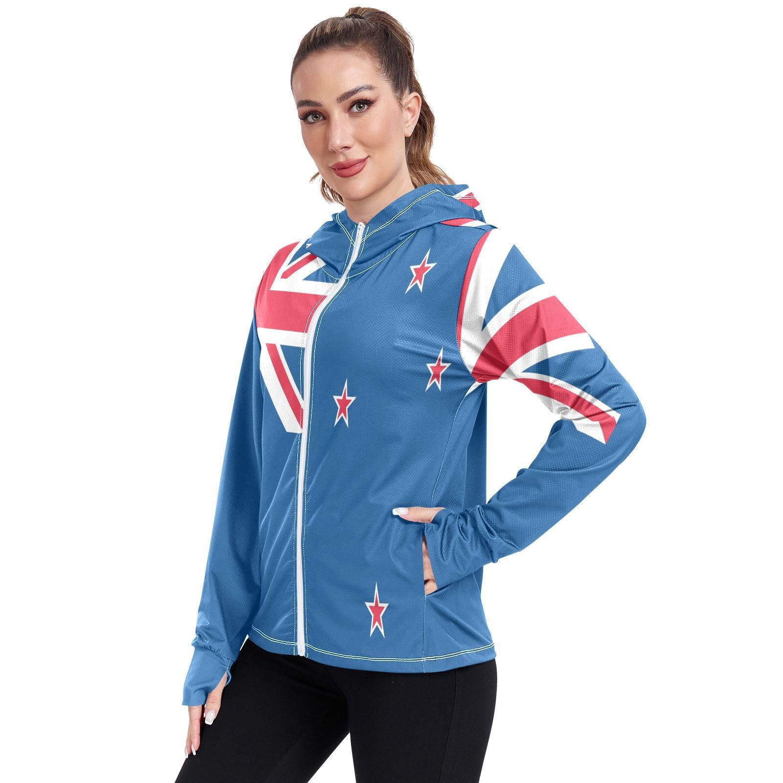 New Zealand Flag Womens UPF 50+ Sun Protection Hoodie Jacket Lightweight Long Sleeve Sun Shirt with Pocket Multicoloured