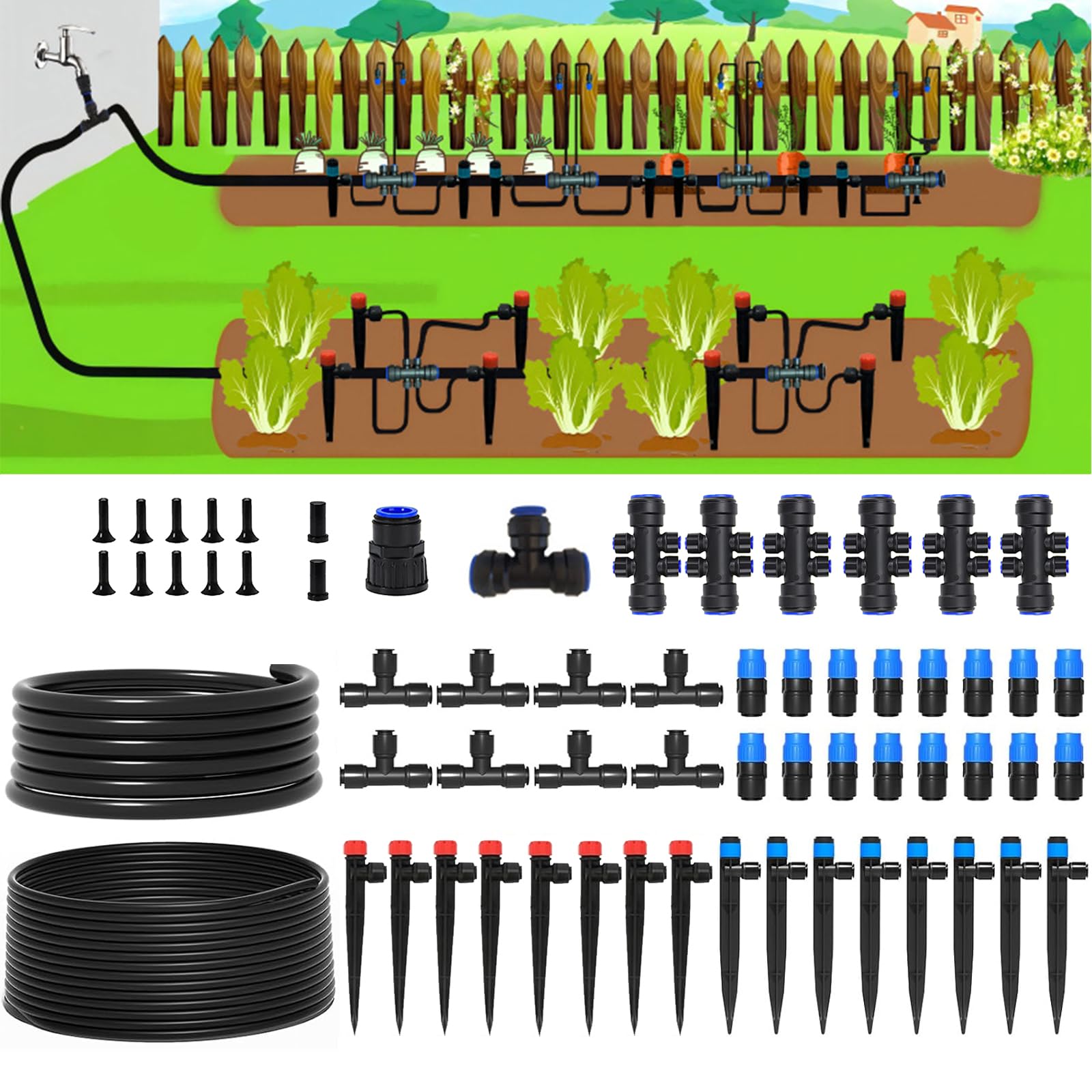 Quick-Connect Automatisches Tropfbewässerungssystem Kit - 60 m Gartenbewässerungsset mit verstellbaren Düsen und Sprinklern für Gewächshaus, Rasen und Topfpflanzen Bewässerungssystem
