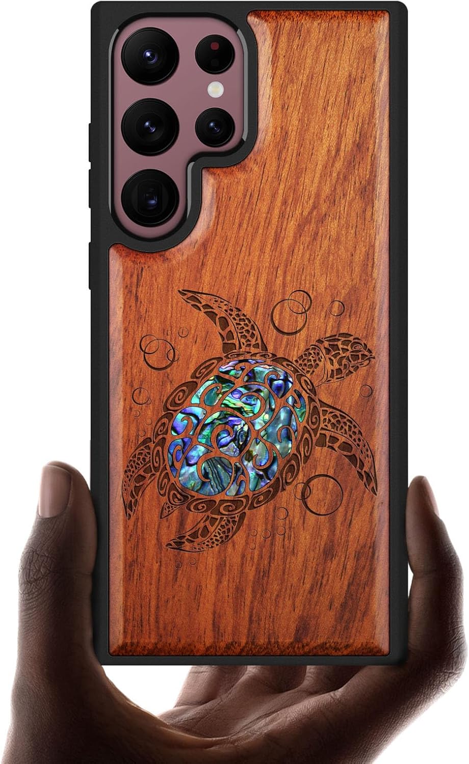 Carveit Designer Wooden Cover for Samsung Galaxy S22 Ultra Case [Wood Engraving & Shell Inlay] Wood Phone Case Compatible with Wireless Chargers Galaxy S22 Ultra (Sea Turtle-Rosy)
