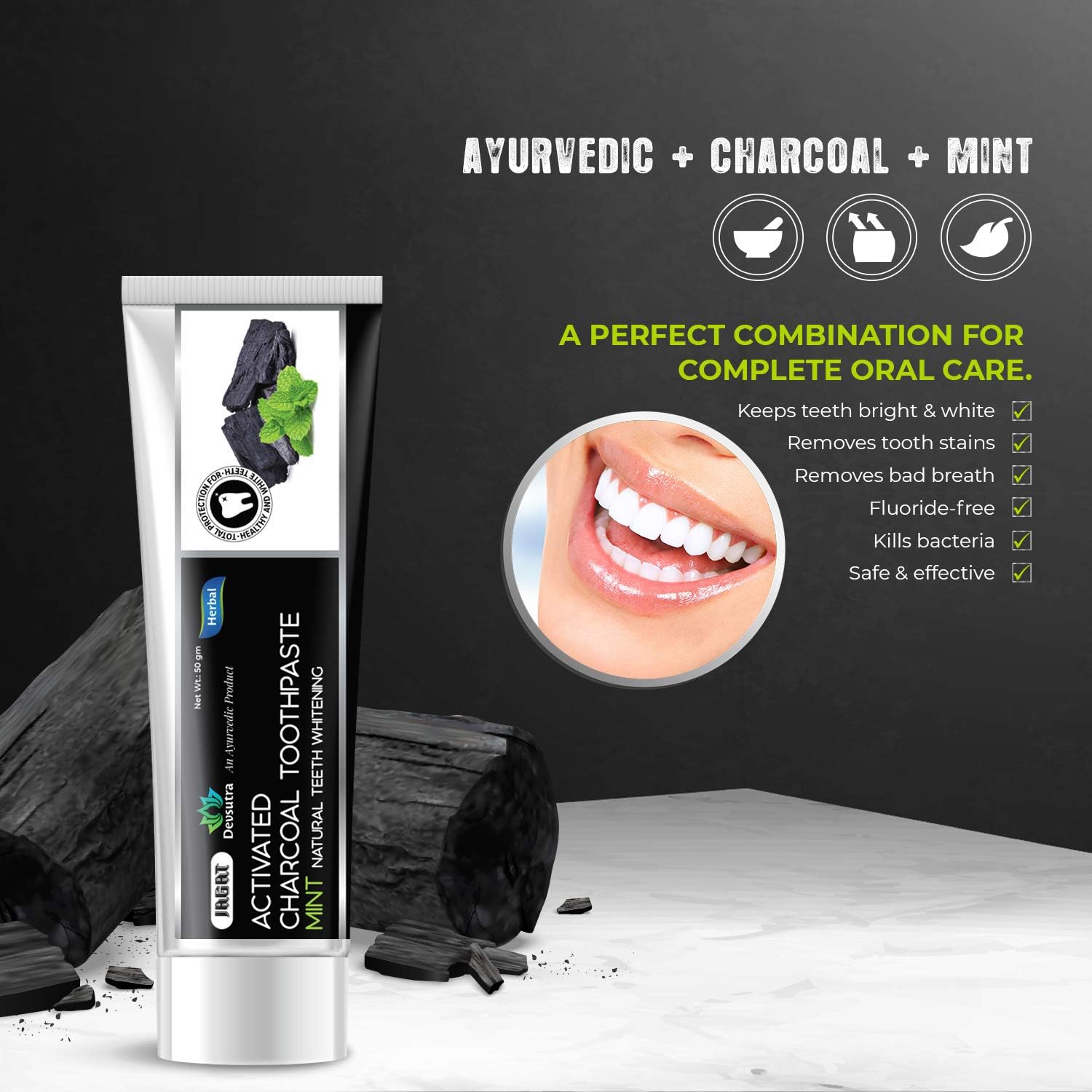 Crazy Deals Jagat Activated Charcoal Mint Toothpaste | Fluoride Free Herbal Toothpaste | 100% Natural Teeth Whitening, No Artificial Colors, BPA Free, Gum Cure, Vegan - Pack of 3 (3.5oz X 3)
