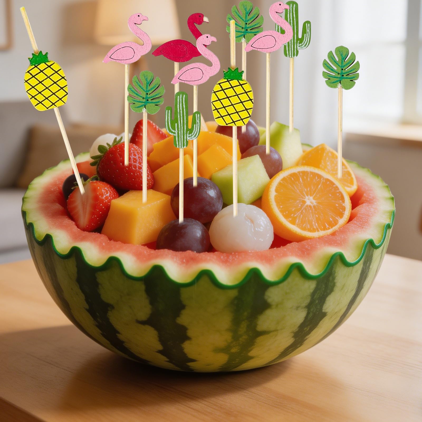 100 spiedini per frutta usa e getta, 12 cm, in bambù, con 5 motivi, fenicottero, monstera, ananas, cactus, spiedini in legno per fingerfood frutta, bevande, cocktail sticks