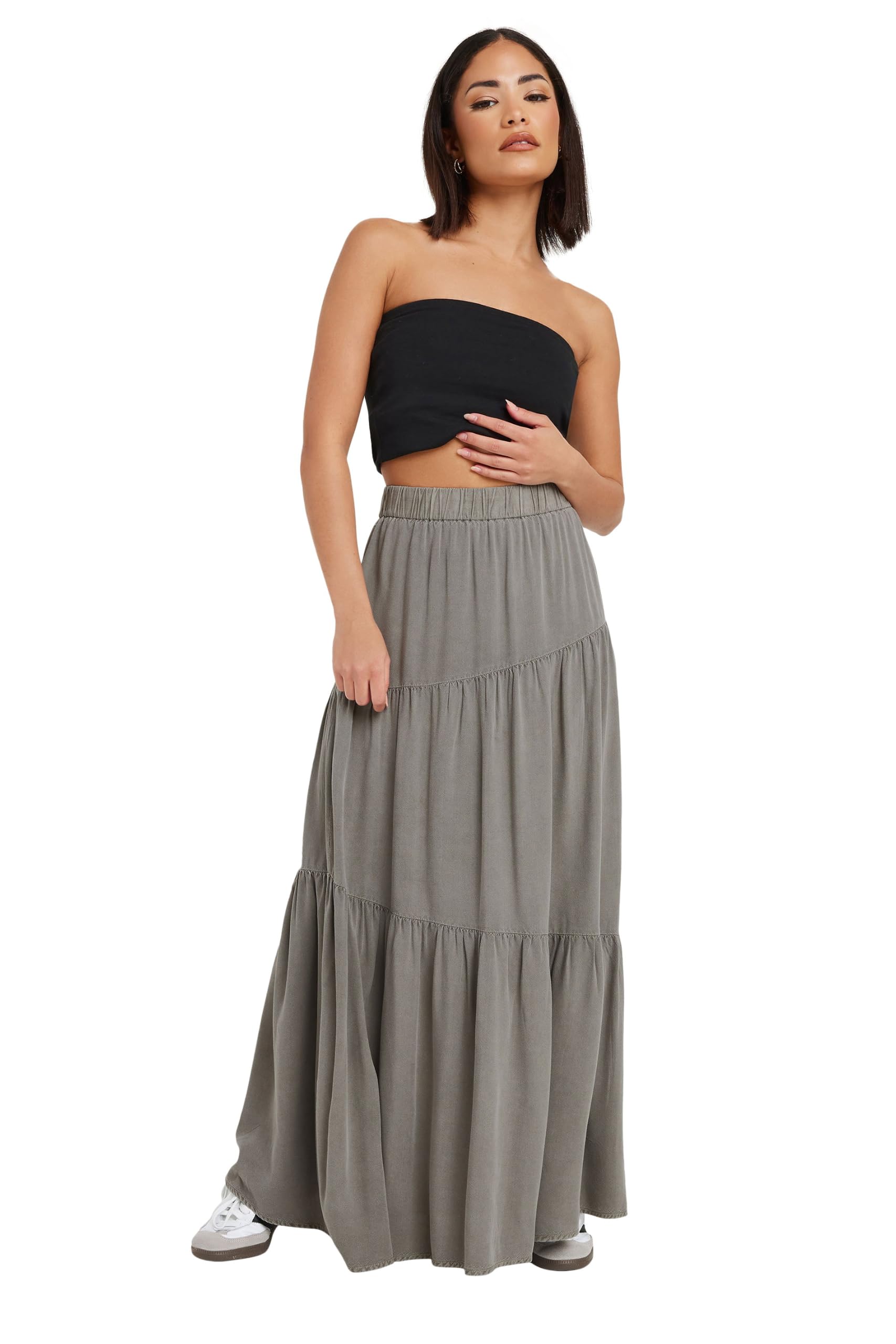 Pixiegirl Women's Charcoal Petite Grey Asymmetric Tiered Maxi Skirt Petite