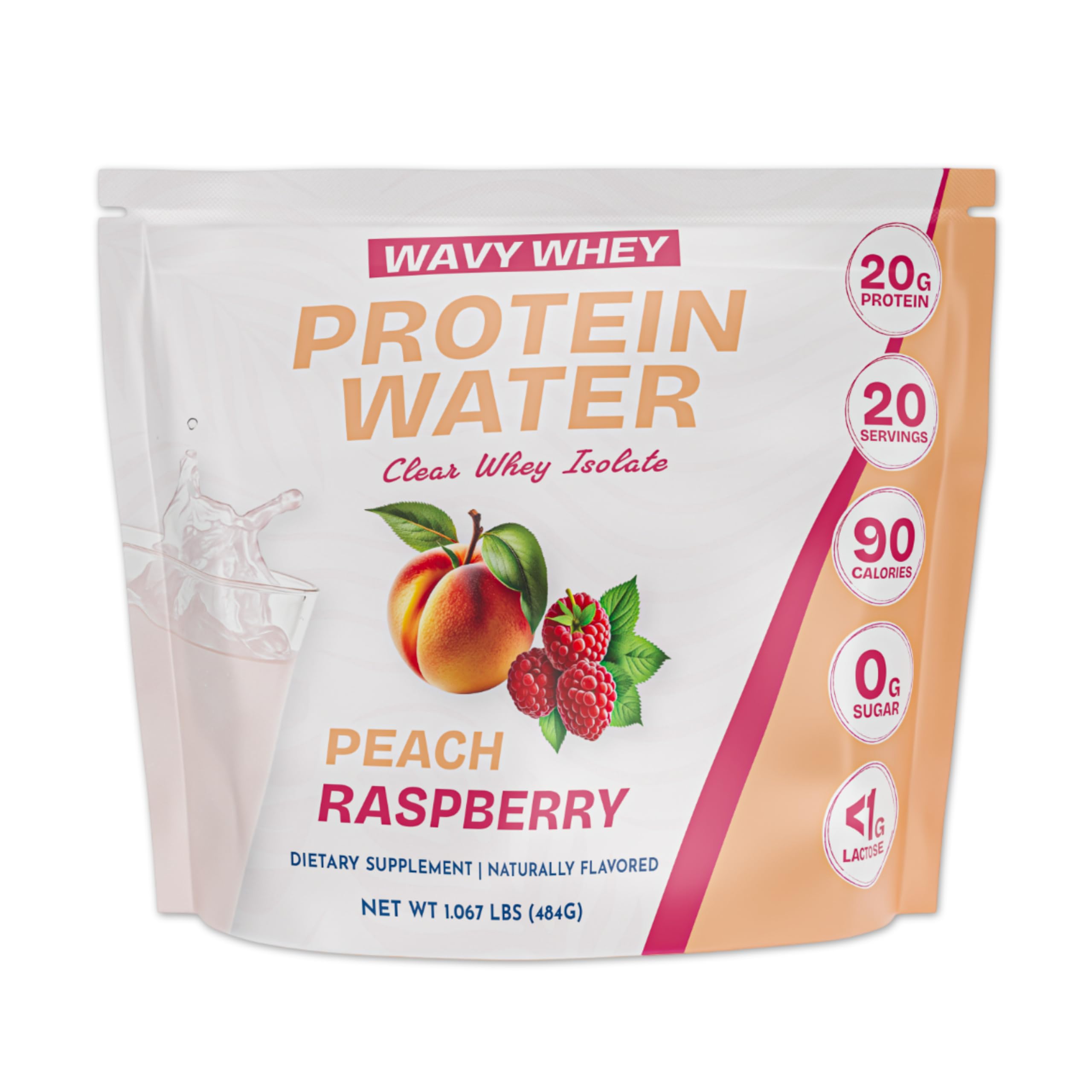 Wavy Whey Whey Protein Isolado em Pó, Sabor Peach Raspberry, 20 g de proteína, 20 porções