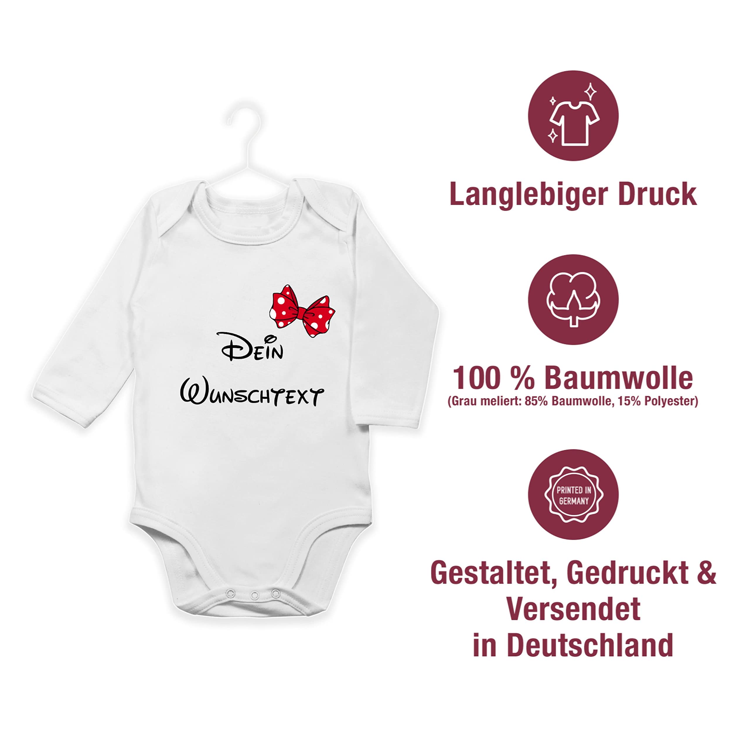 Geschenk mit Namen personalisiert by Shirtracer - Baby Body langarm Mädchen Junge - Aufdruck selbst gestalten - Wunschtext mit Schleife I