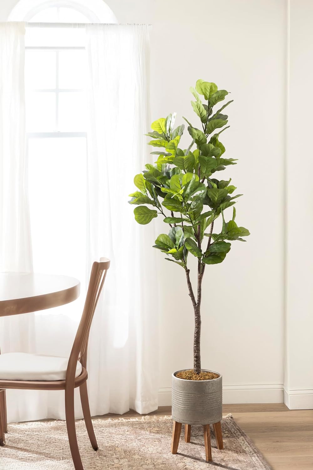 Kate and Laurel Fidmont Faux Fiddle Fig Tree with Gavri Metal Planter Pot, 6.5 FT, Silver and Rustic Brown, Potted Artificial Tree Indoor with Realistic Foliage and Added Moss, Living Room Fake Plant