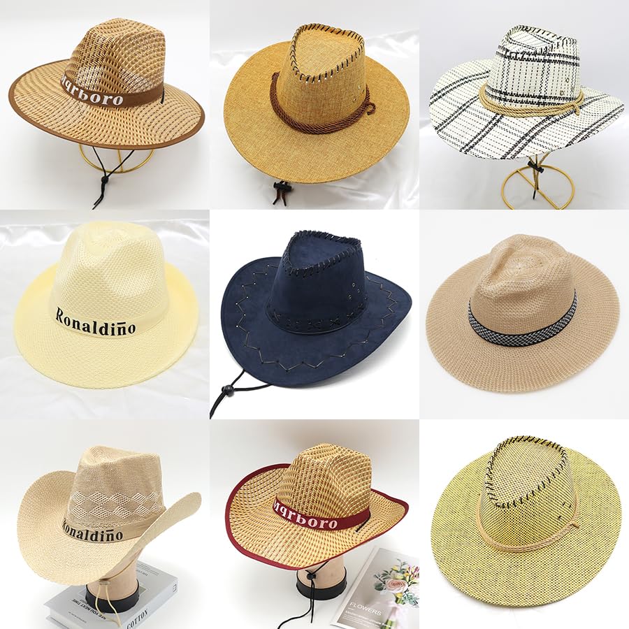 Straw Hat Men's Summer Outdoor Fishing Flat Rim Sunshade Sunscreen Jazz Beach Western Cowboy Hat Sun Hat-33#||Free size2