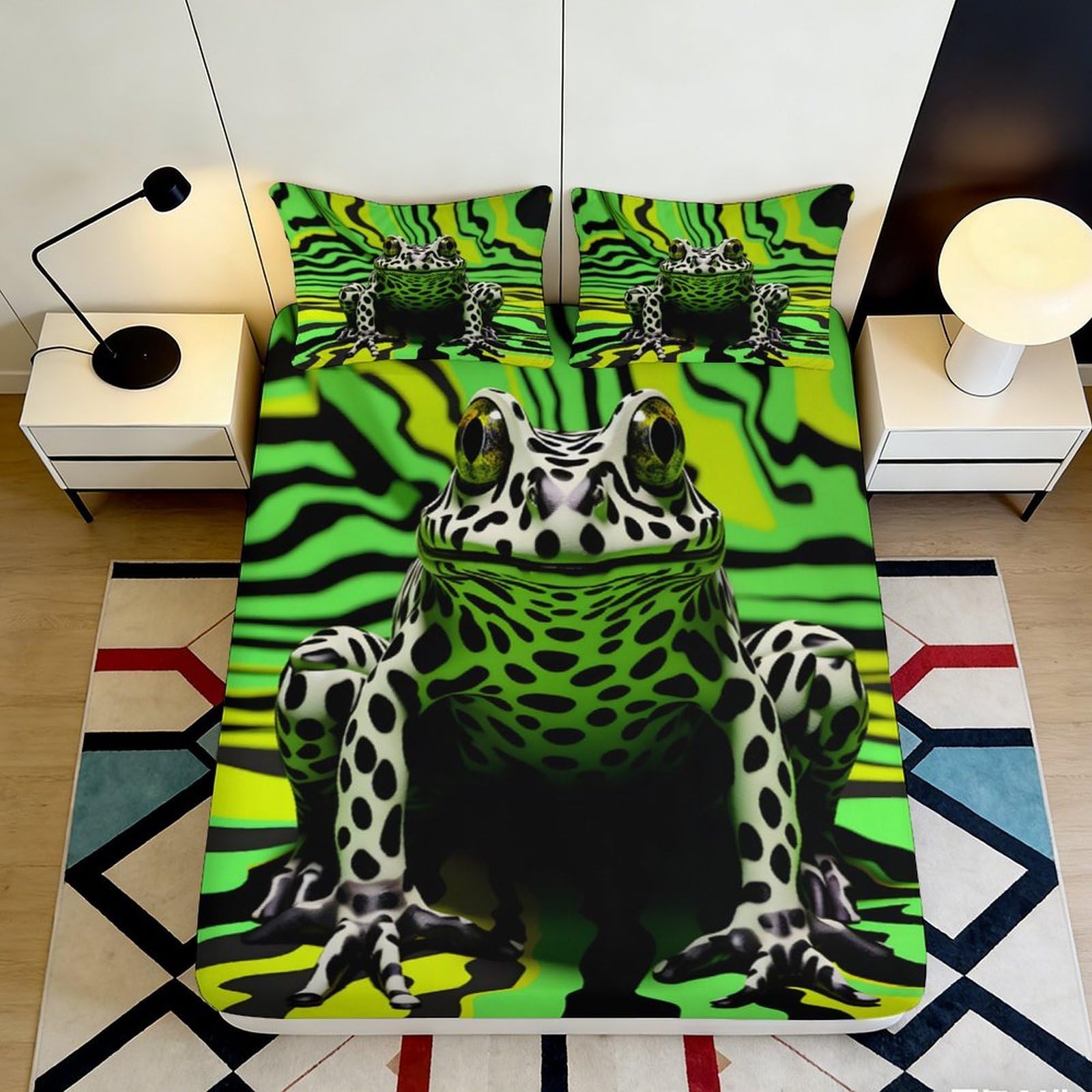 3D Printed Frog Pattern Fitted Sheet Microfiber Deep Pocket Bedroom Bedding Frog Mattress Fitted Cover Full Wrap Non-Slip Washable for Adults Teens 200x200x25cm