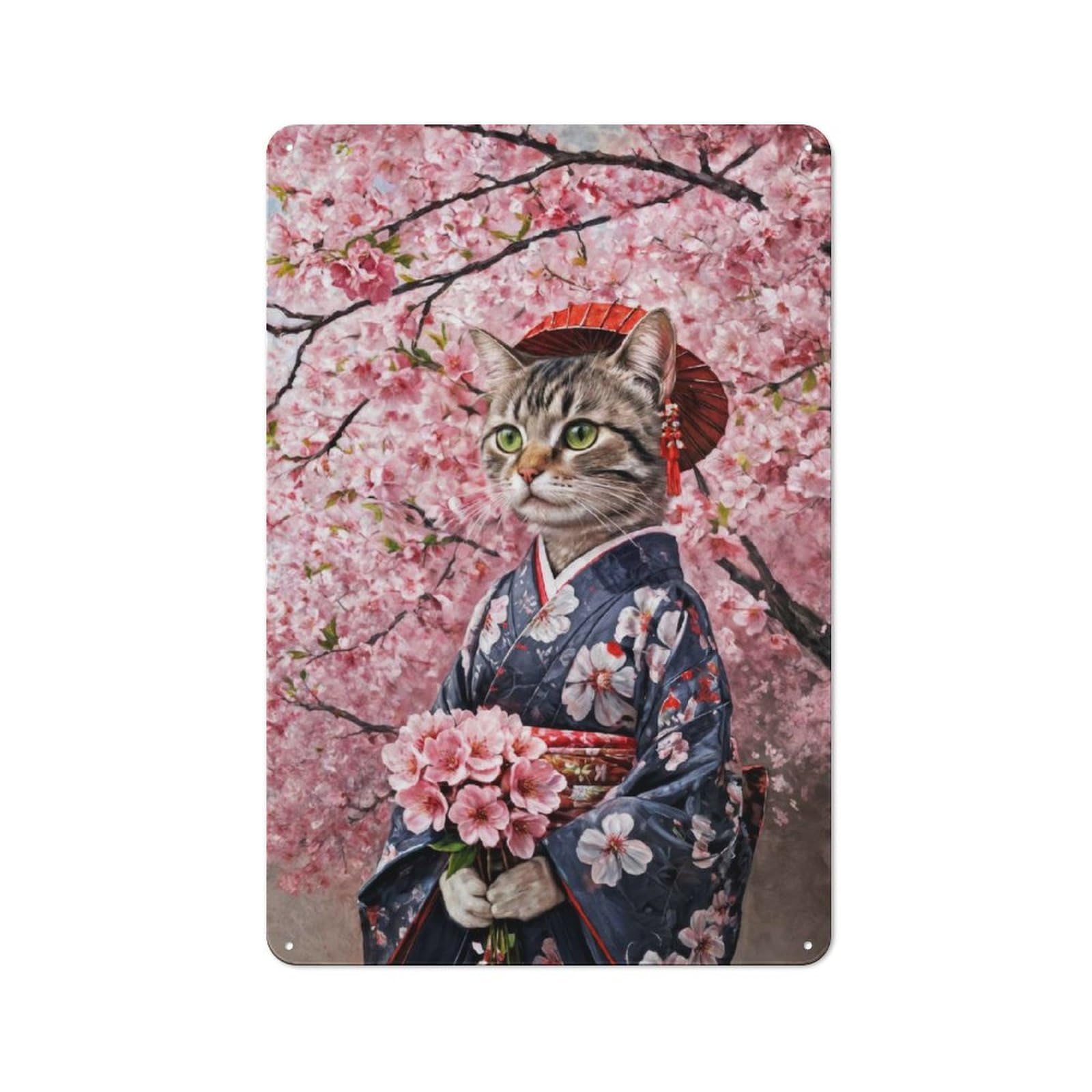 Junmoney Style-8 Vintage Tin Sign 30X20cm Featuring Cat In Kimono With Cherry Blossoms For Bar Or Restaurant, A Decorative Christmas Gift For Bar Decor Enthusiasts