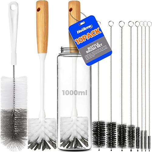 Miniatura 1 de Holikme Paquete de 10 cepillos limpiadores de botellas, cepillo limpiador de botellas con mango de bambú de 14 pulgadas, cepillo de botella de agua