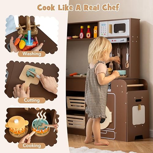 Miniatura 3 de Costzon Juego de cocina de esquina, juego de juguetes de cocina con luces y sonidos reales, refrigerador grande, máquina de hielo, horno,