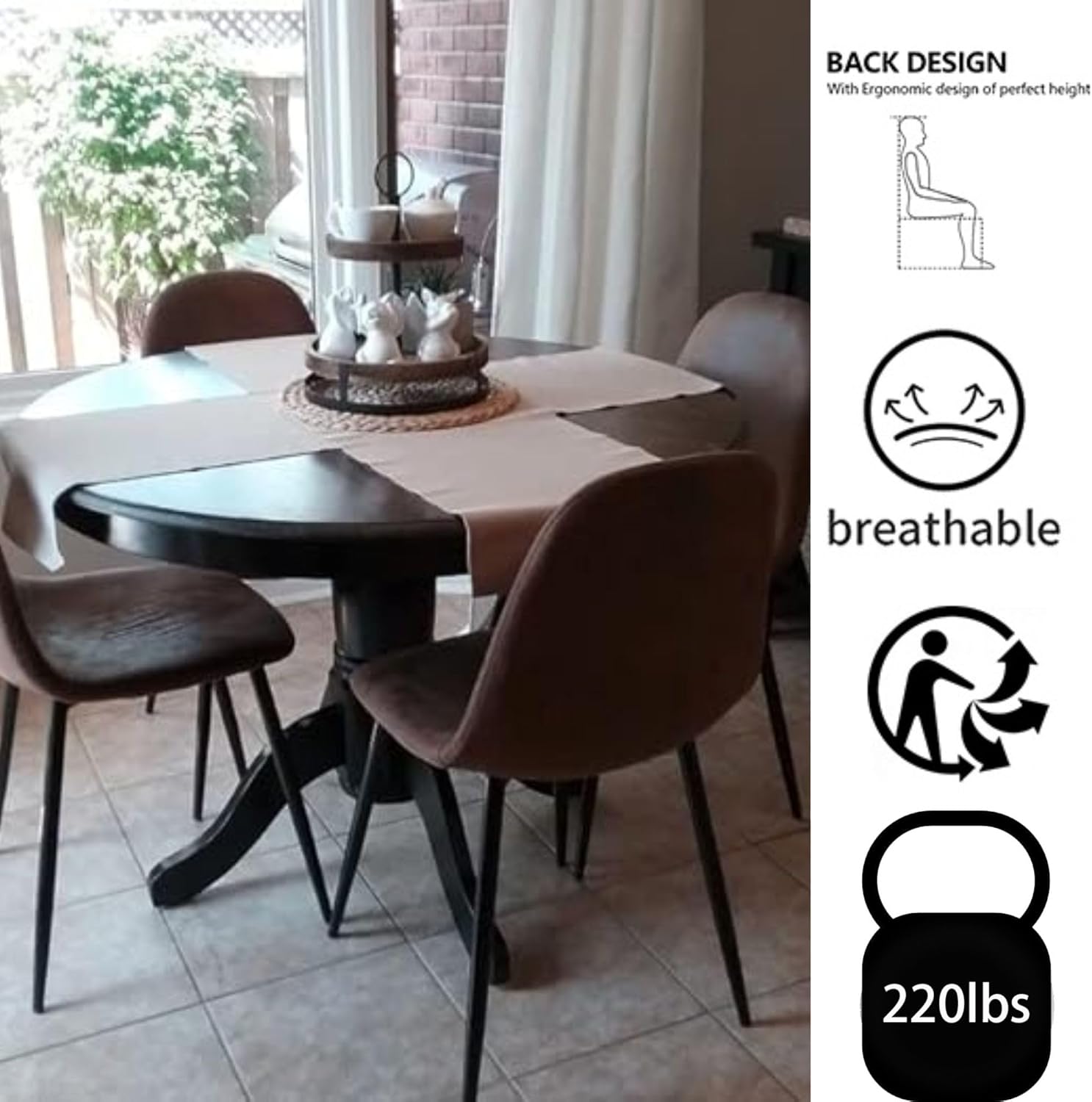 Image highlighting the ergonomic back design, breathable material, and 220 lbs weight capacity of the chair.